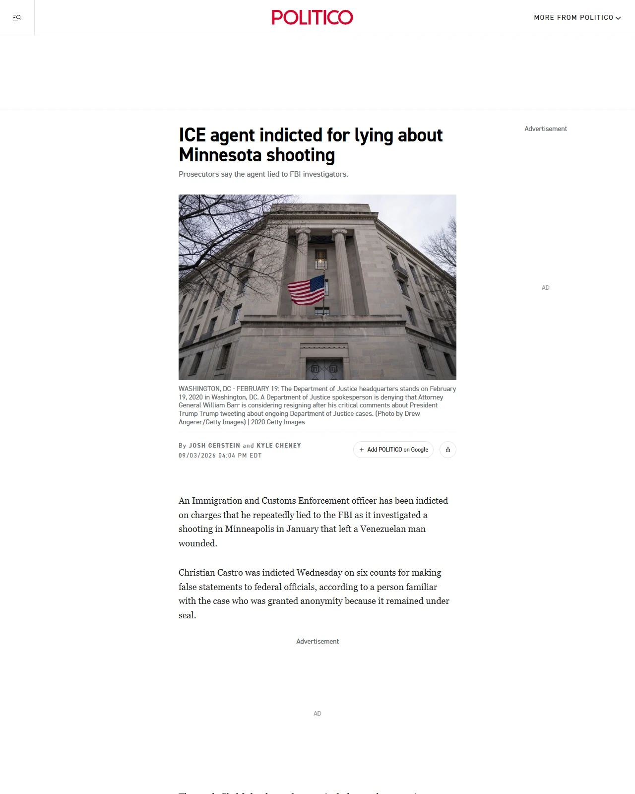 politico.com as published: ICE agent indicted for lying about Minnesota shooting