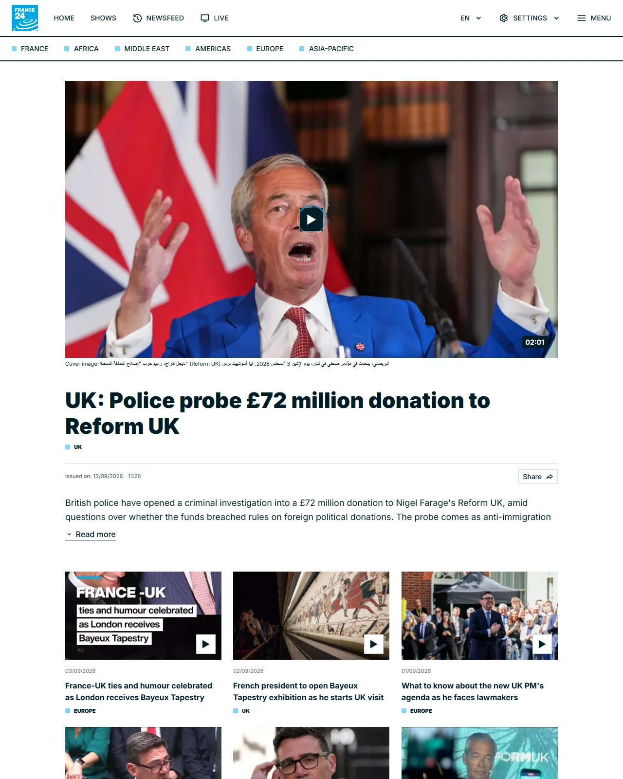 france24.com as published: UK: Police probe £72 million donation to Reform UK