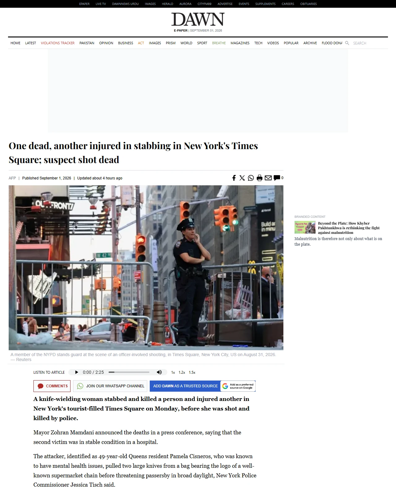 dawn.com as published: One dead, another injured in stabbing in New York's Times Square; suspect shot dead