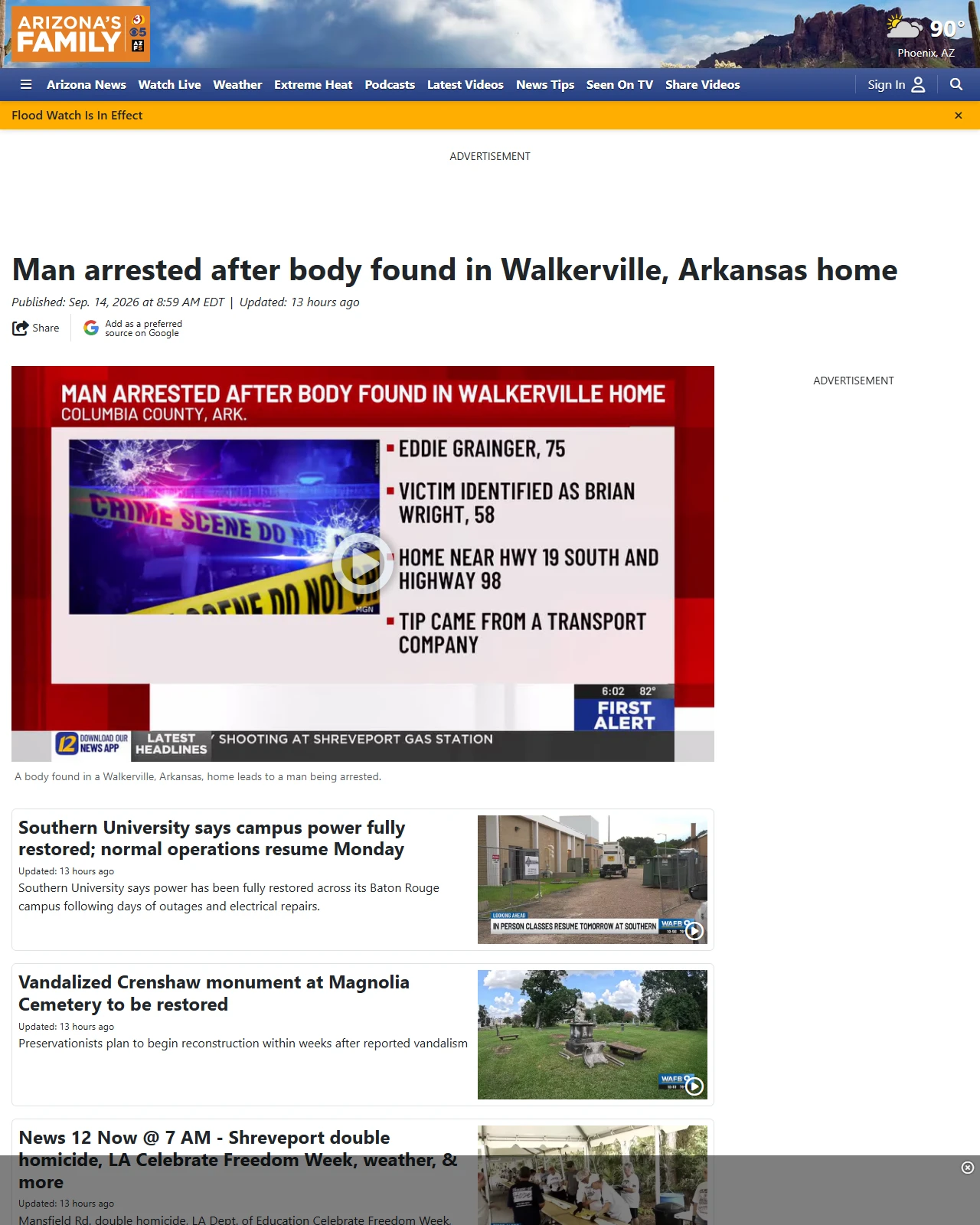 azfamily.com as published: Man arrested after body found in Walkerville, Arkansas home