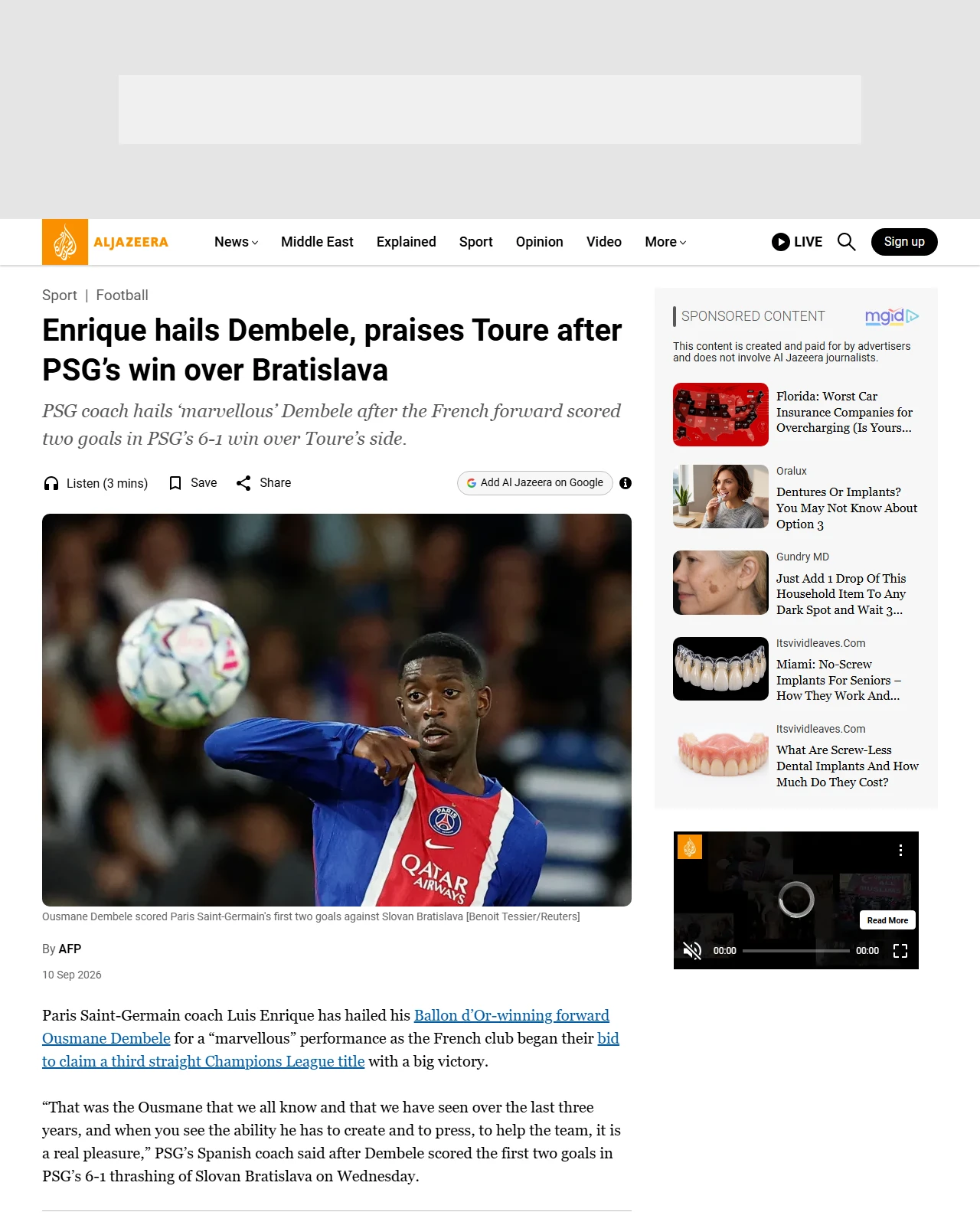 aljazeera.com as published: Enrique hails Dembele, praises Toure after PSG’s win over Bratislava