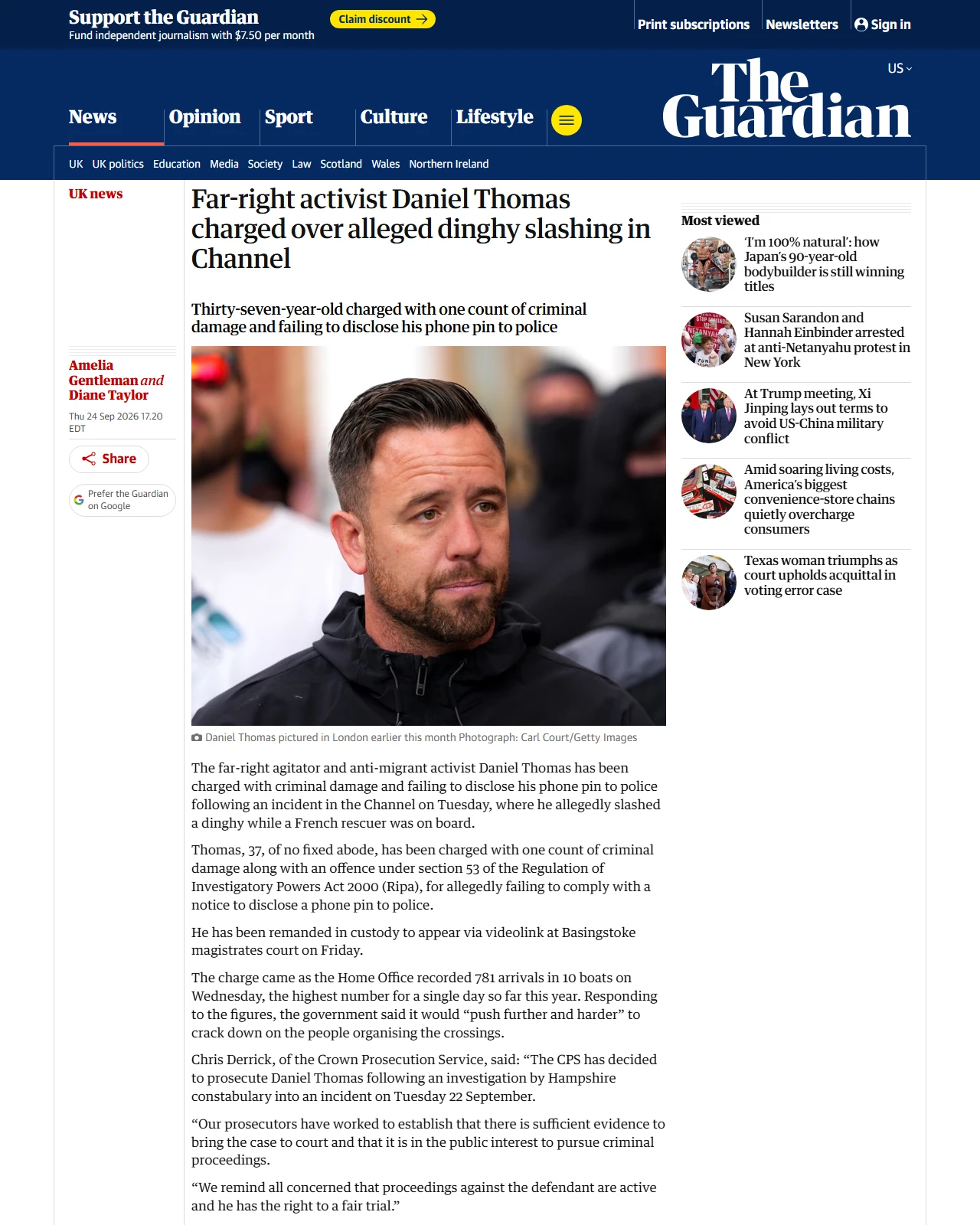 theguardian.com as published: Far-right activist Daniel Thomas charged over alleged dinghy slashing in Channel