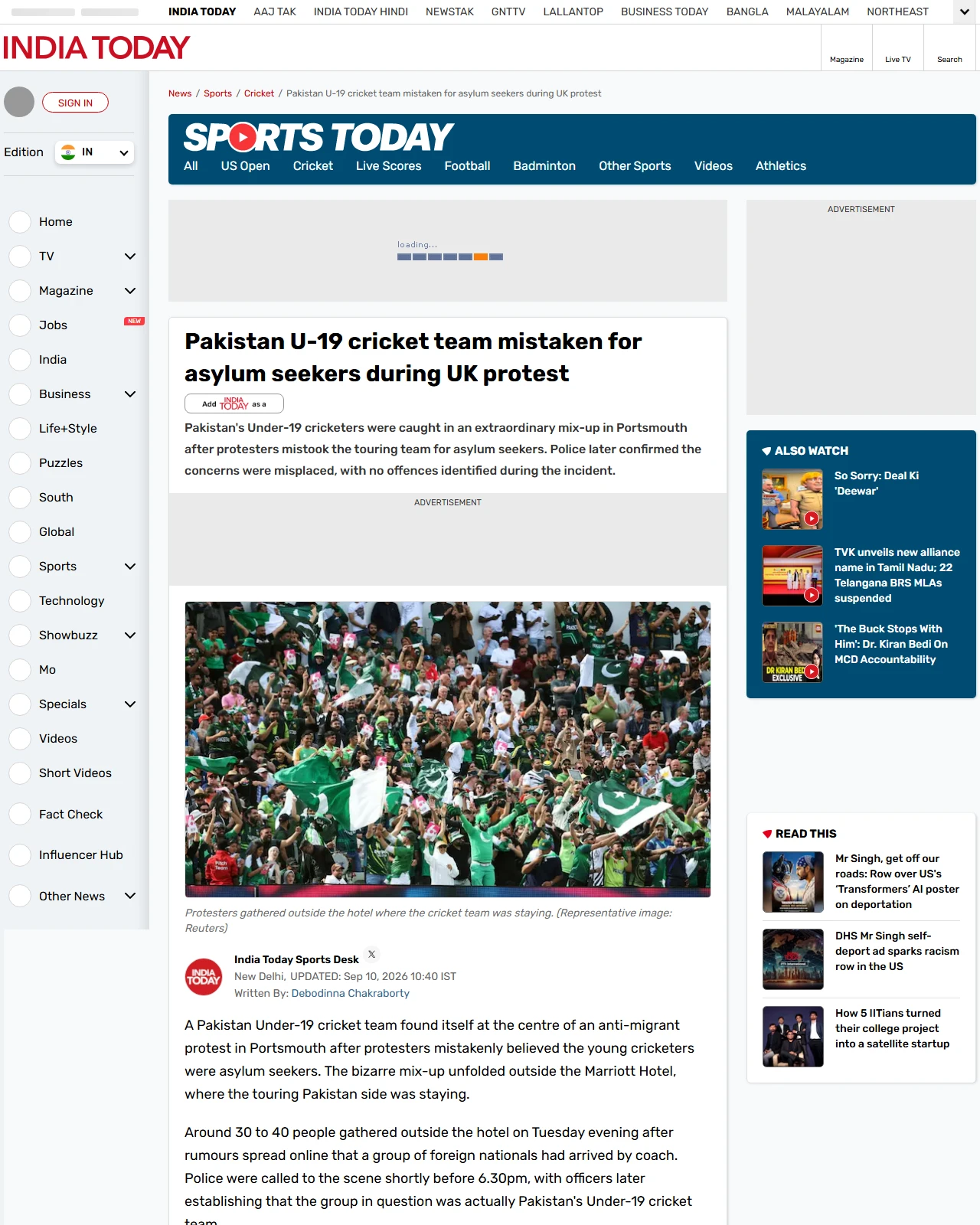 indiatoday.in as published: Pakistan U-19 cricket team mistaken for asylum seekers during UK protest