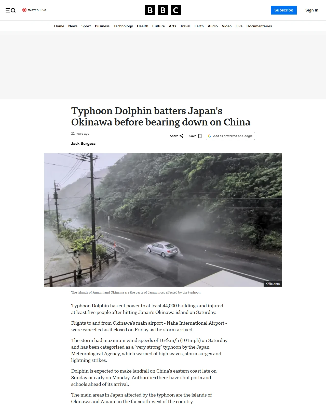 bbc.co.uk as published: Typhoon Dolphin batters Japan's Okinawa before bearing down on China