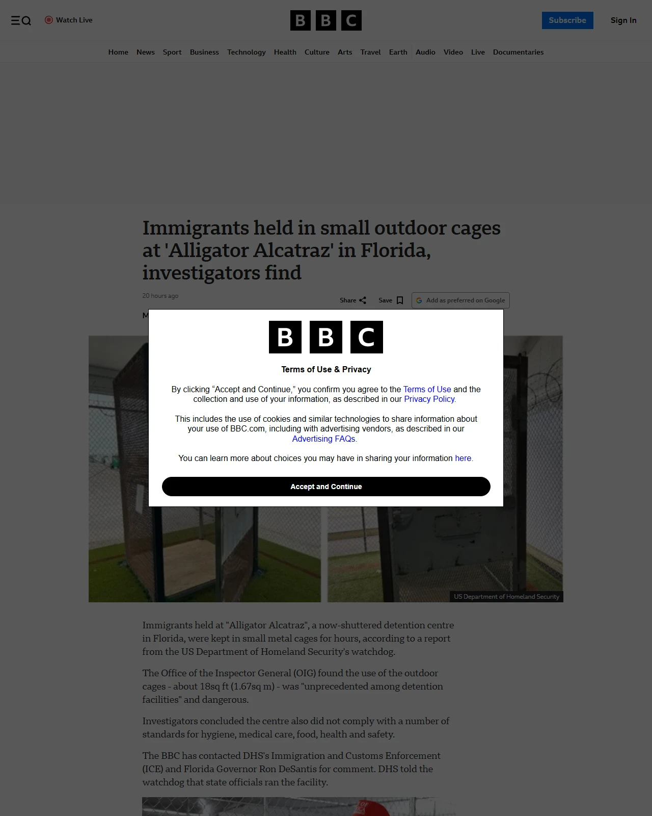 bbc.co.uk as published: Immigrants held in small outdoor cages at 'Alligator Alcatraz' in Florida, investigators find