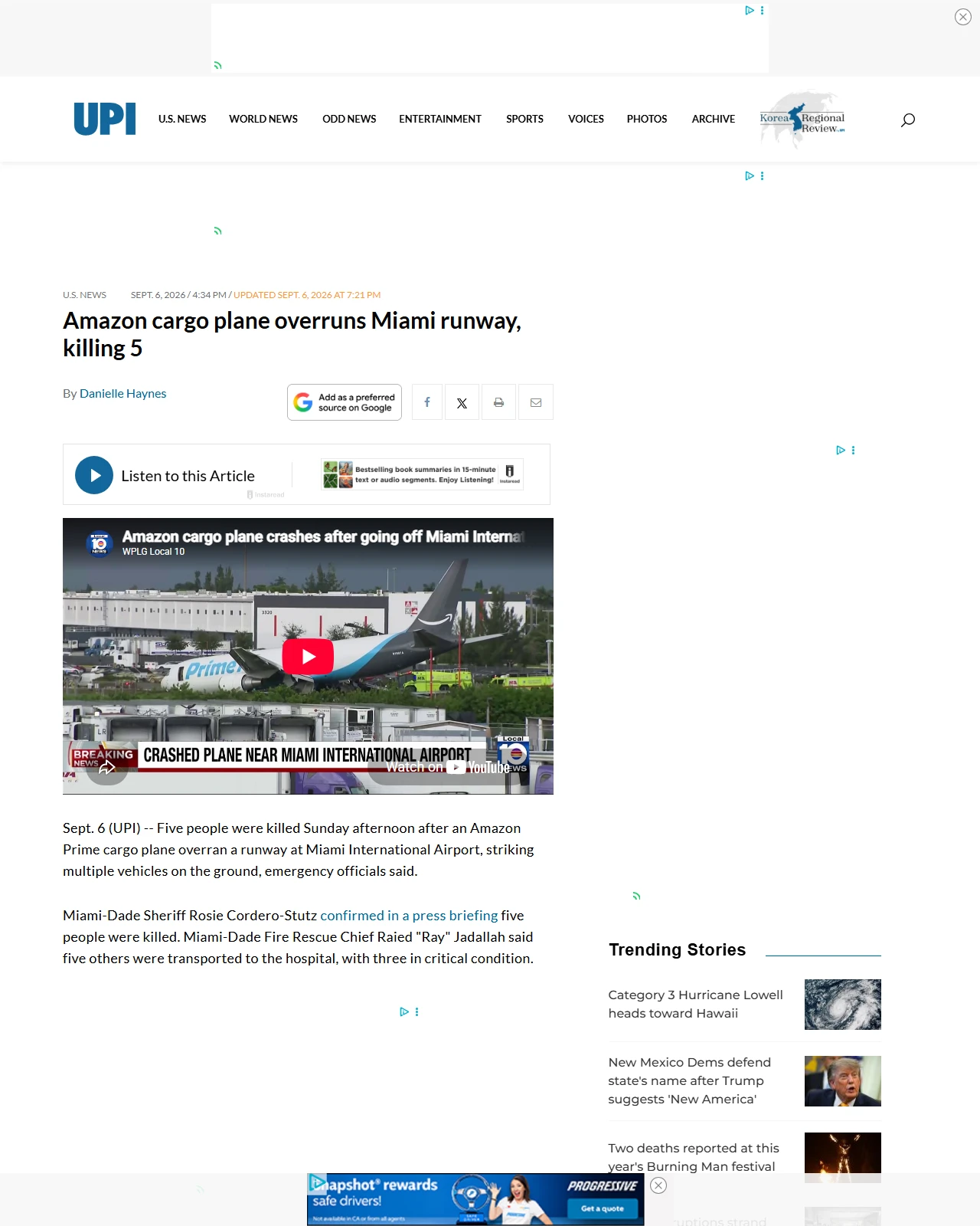upi.com as published: Amazon cargo plane overruns Miami runway, killing 5