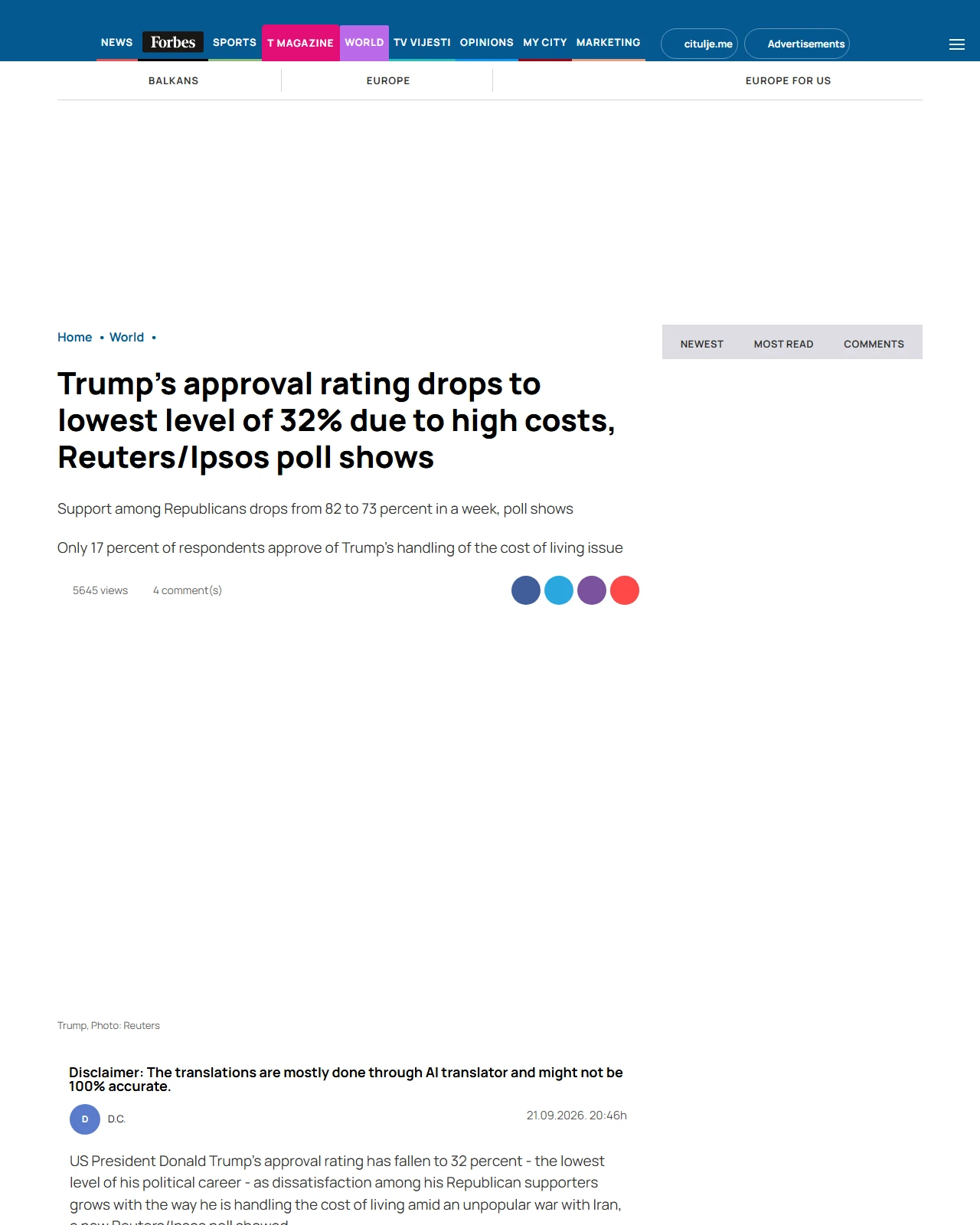 en.vijesti.me as published: Trump's approval rating drops to lowest level of 32% due to high costs, Reuters/Ipsos poll shows