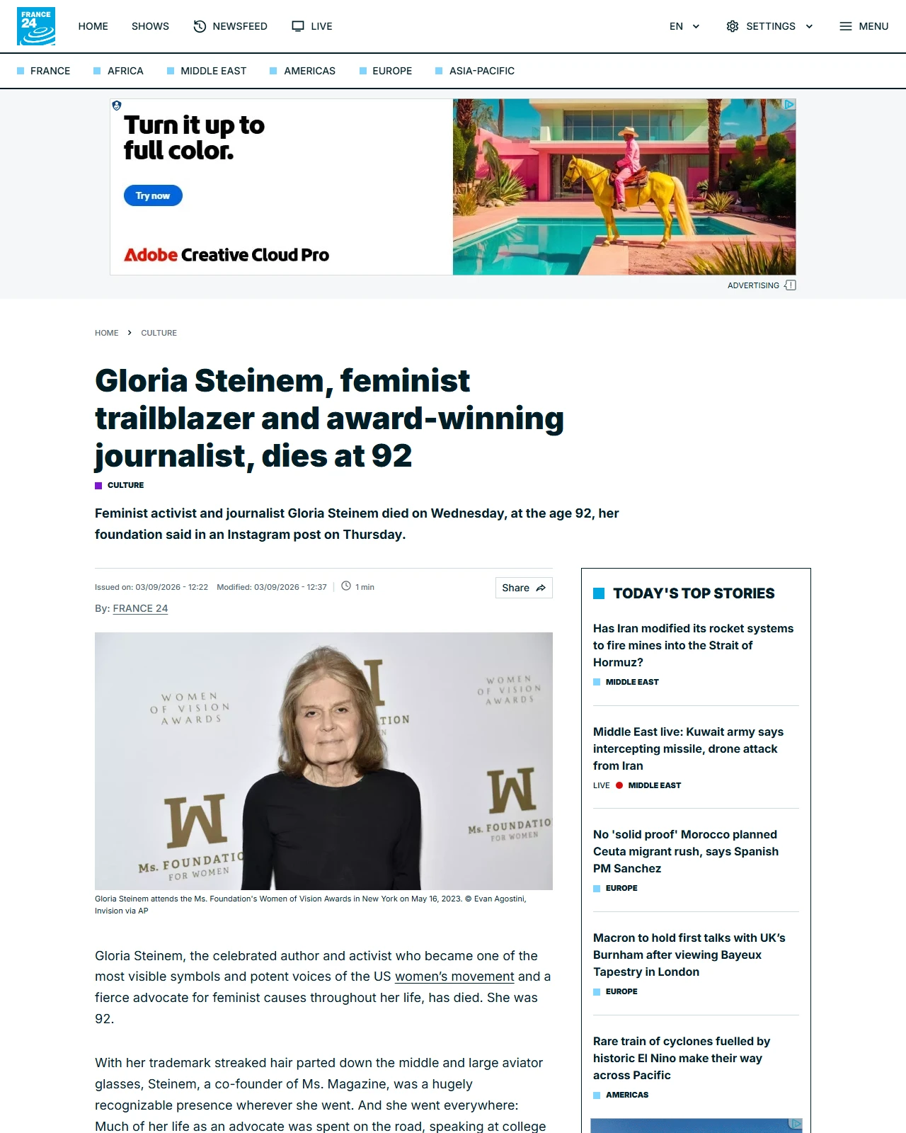 france24.com as published: 🔴 Gloria Steinem, feminist trailblazer and award-winning journalist, dies at 92