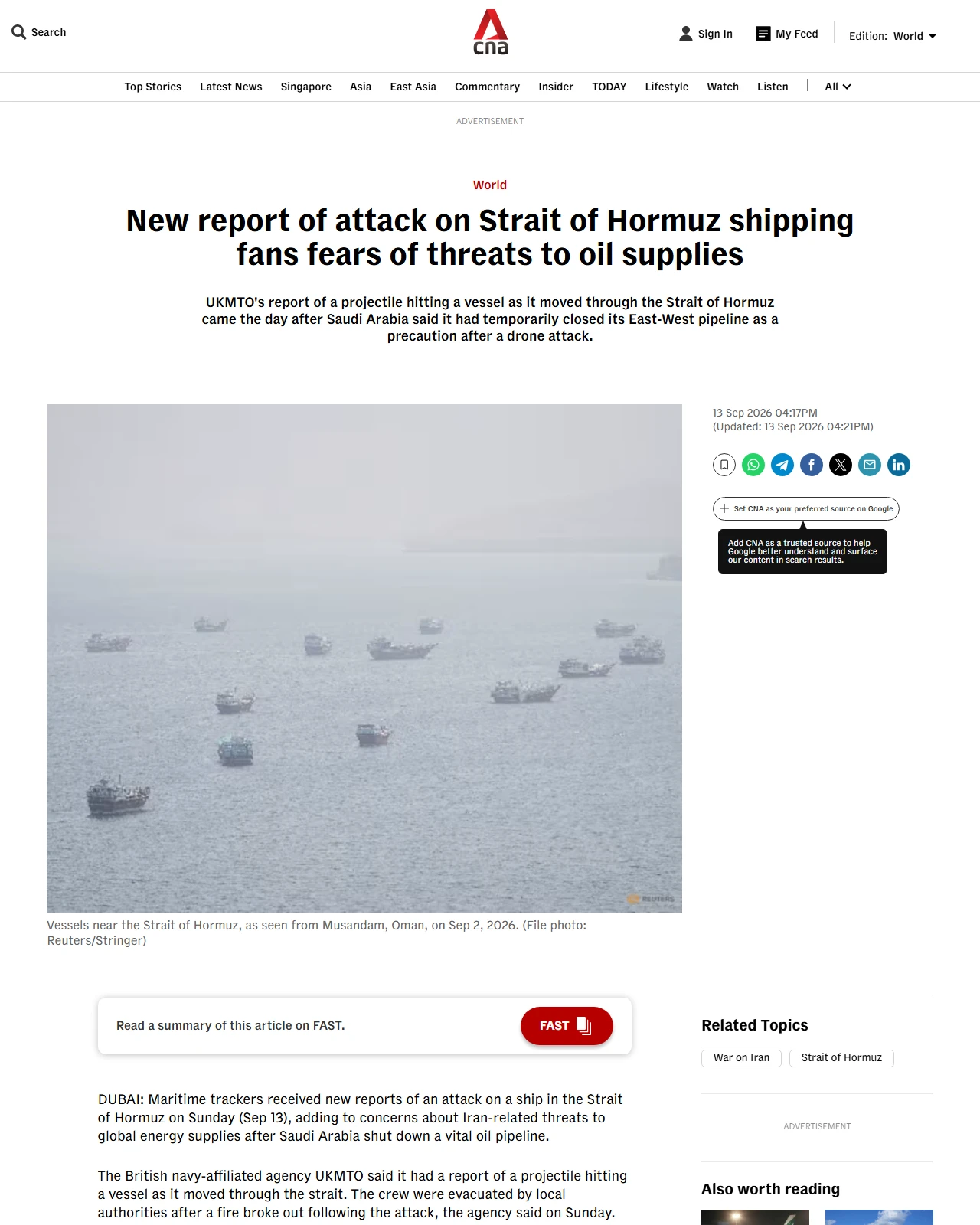 channelnewsasia.com as published: New report of attack on Strait of Hormuz shipping fans fears of threats to oil supplies