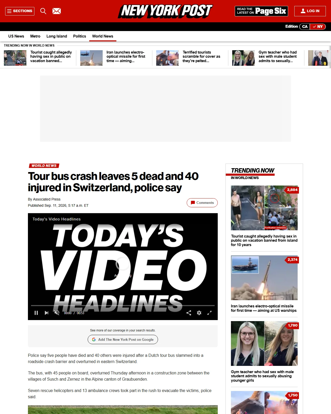 nypost.com as published: Tour bus crash leaves 5 dead and 40 injured in Switzerland, police say