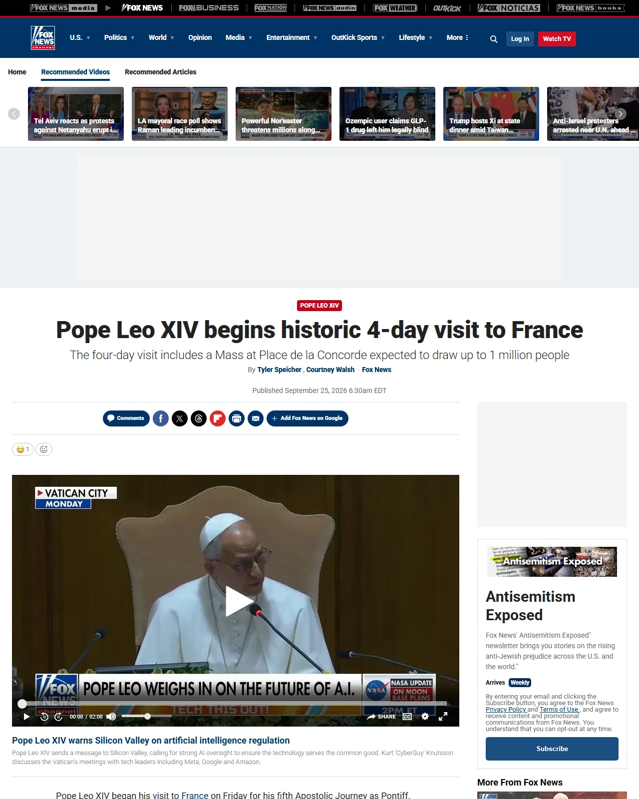 foxnews.com as published: Pope Leo XIV begins historic 4-day visit to France