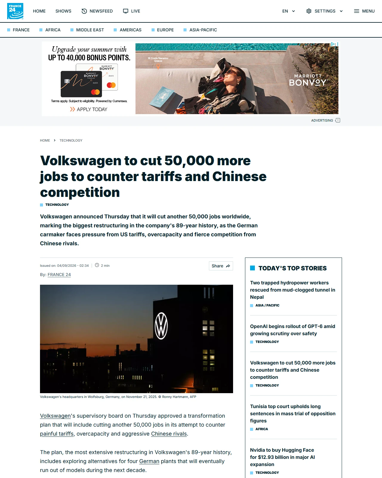 s.france24.com as published: Volkswagen to cut 50,000 more jobs to counter tariffs and Chinese competition
