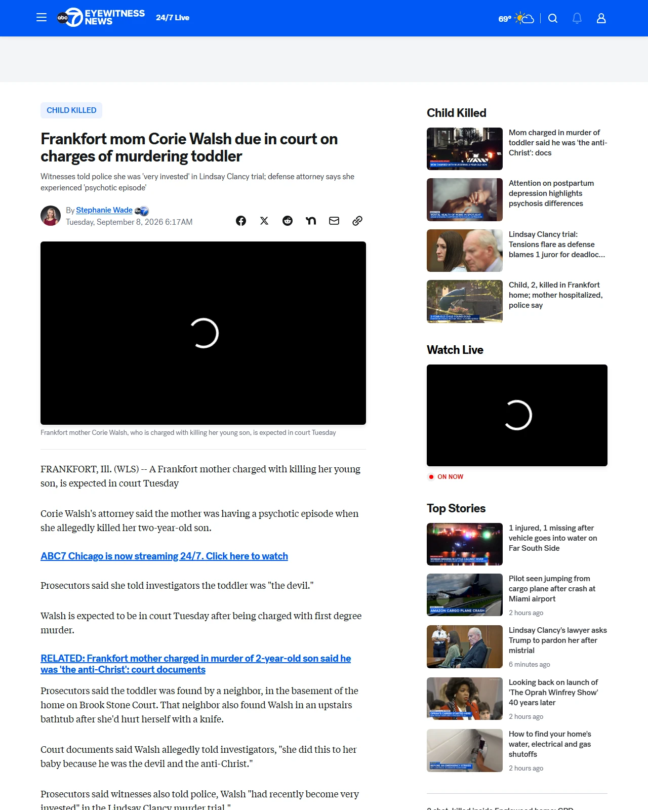 abc7chicago.com as published: Frankfort mom due in court on charges of murdering toddler; Corie Walsh was 'very invested' in Lindsay Clancy trial, witnesses say