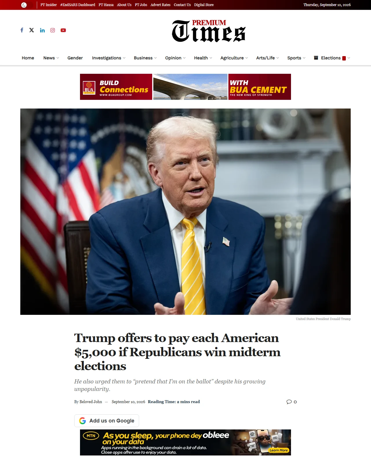 premiumtimesng.com as published: Trump offers to pay each American $5,000 if Republicans win midterm elections