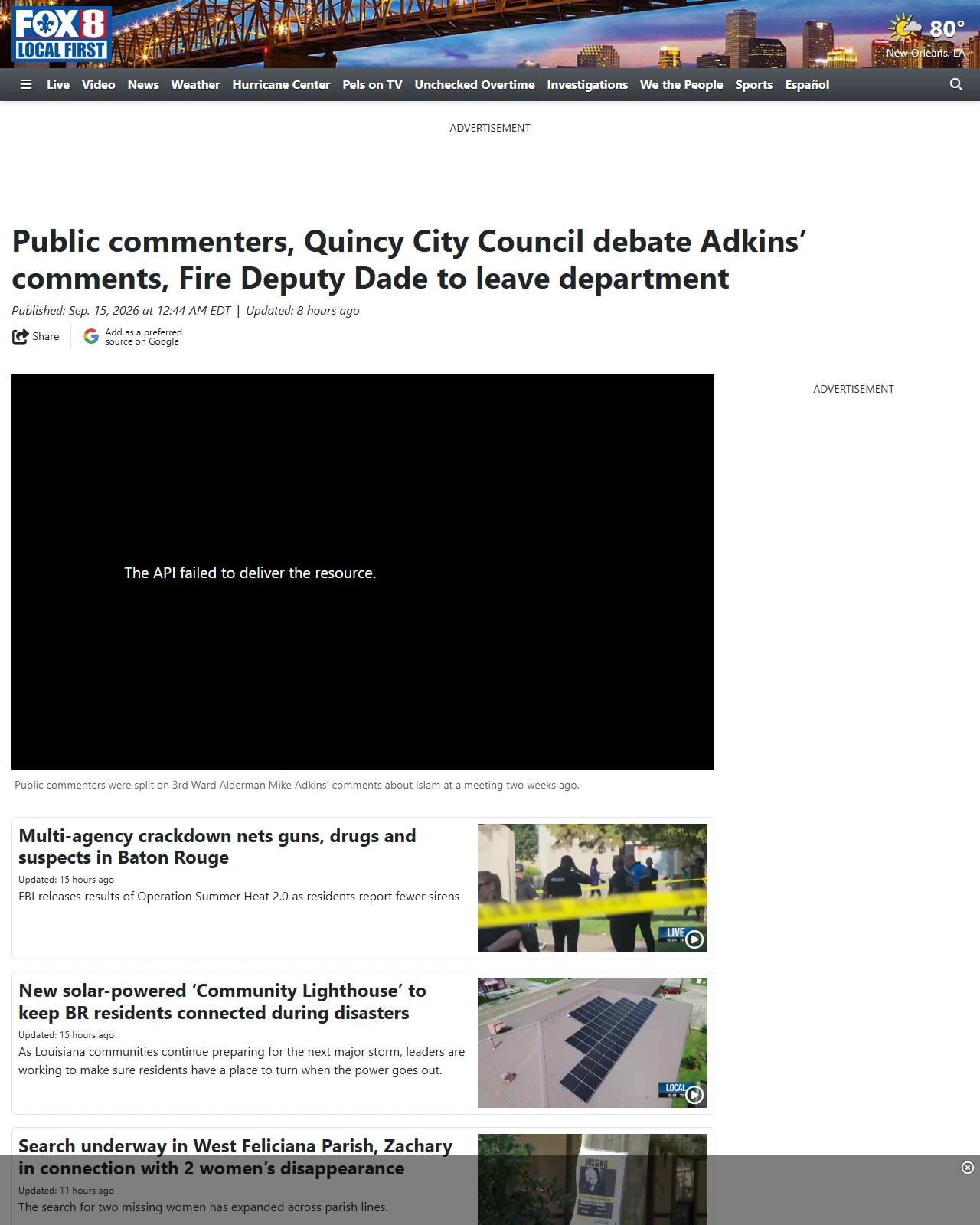 fox8live.com as published: Public commenters, Quincy City Council debate Adkins’ comments, Fire Deputy Dade to leave department