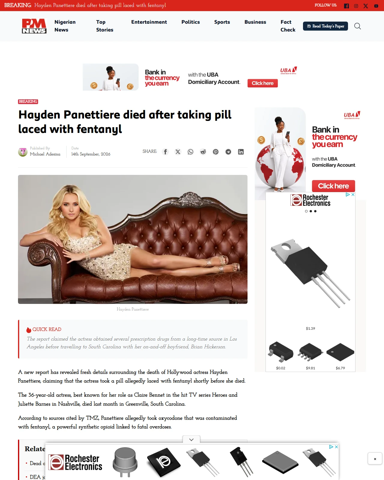 pmnewsnigeria.com as published: Hayden Panettiere died after taking pill laced with fentanyl