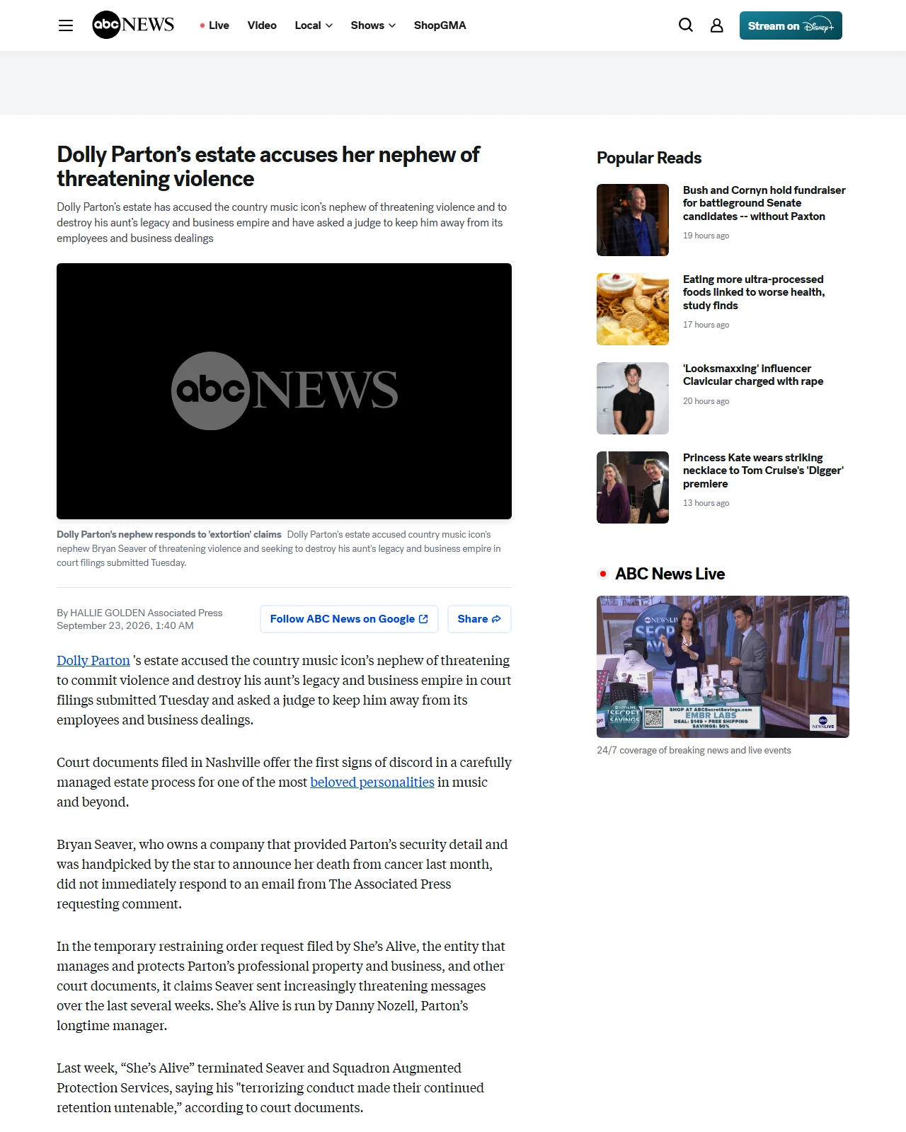 abcnews.com as published: Dolly Parton’s estate accuses her nephew of threatening violence and to destroy his aunt’s legacy - ABC News