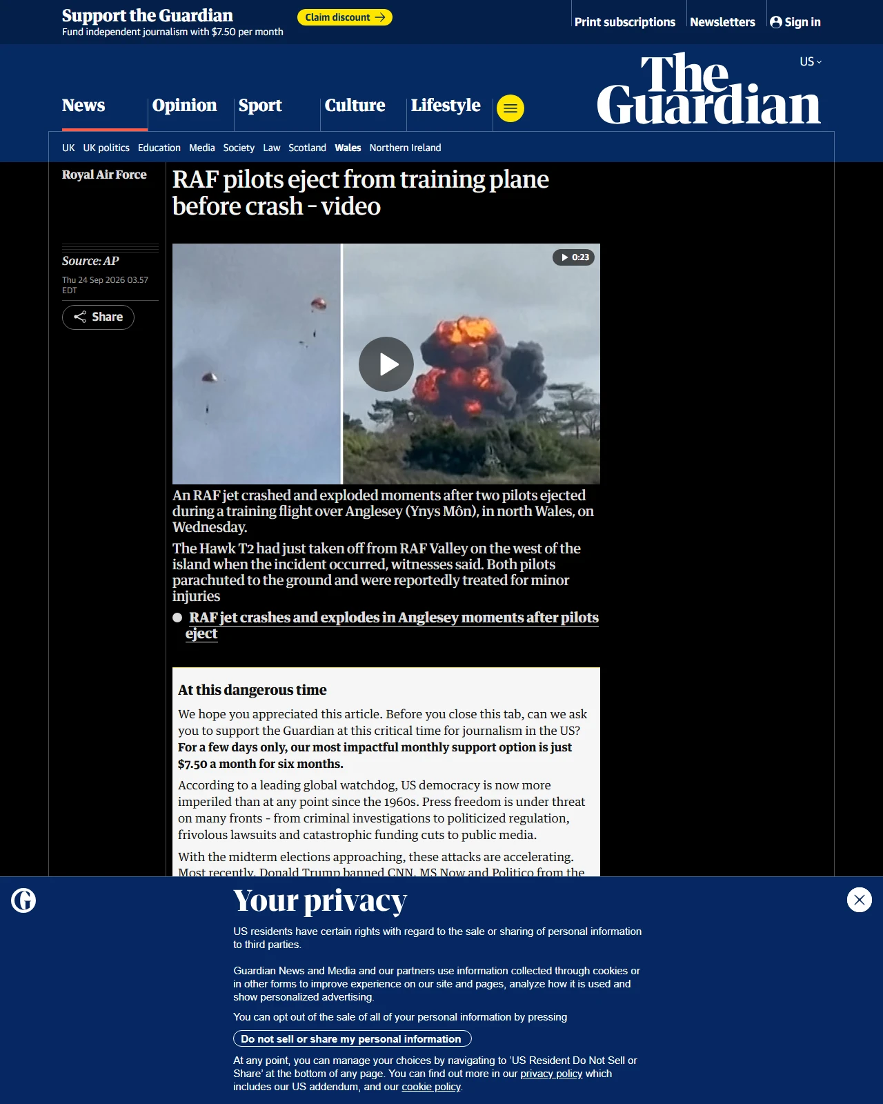 theguardian.com as published: RAF pilots eject from training plane before crash – video