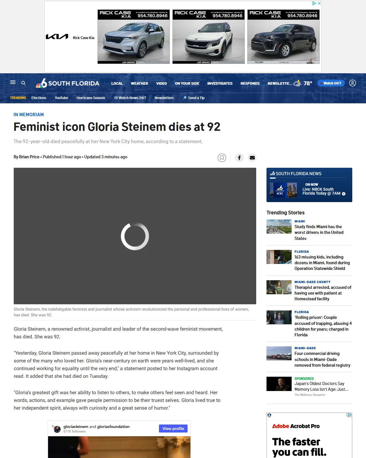 nbcmiami.com as published: Feminist icon Gloria Steinem dies at 92