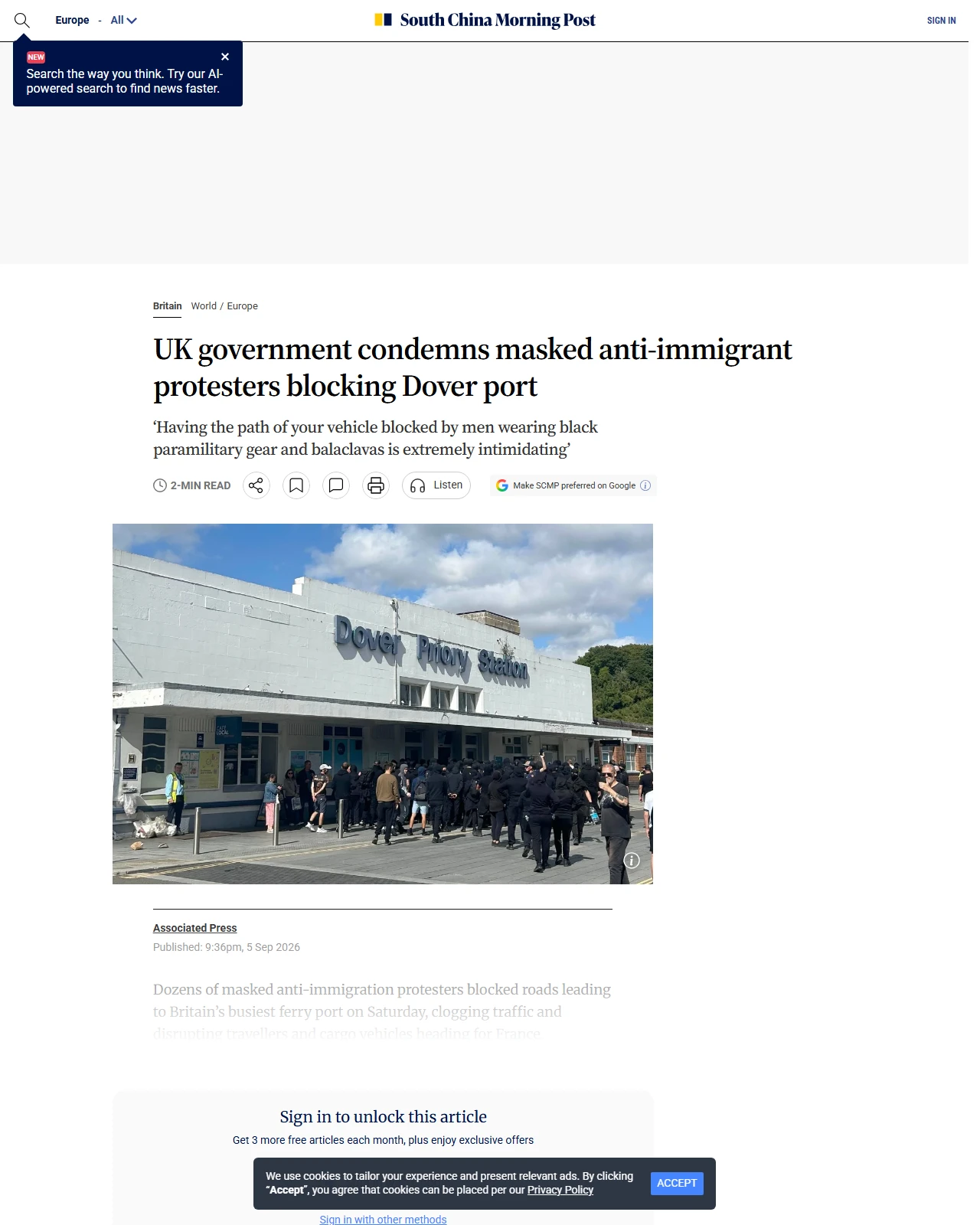 scmp.com as published: UK government condemns masked anti-immigrant protesters blocking Dover port