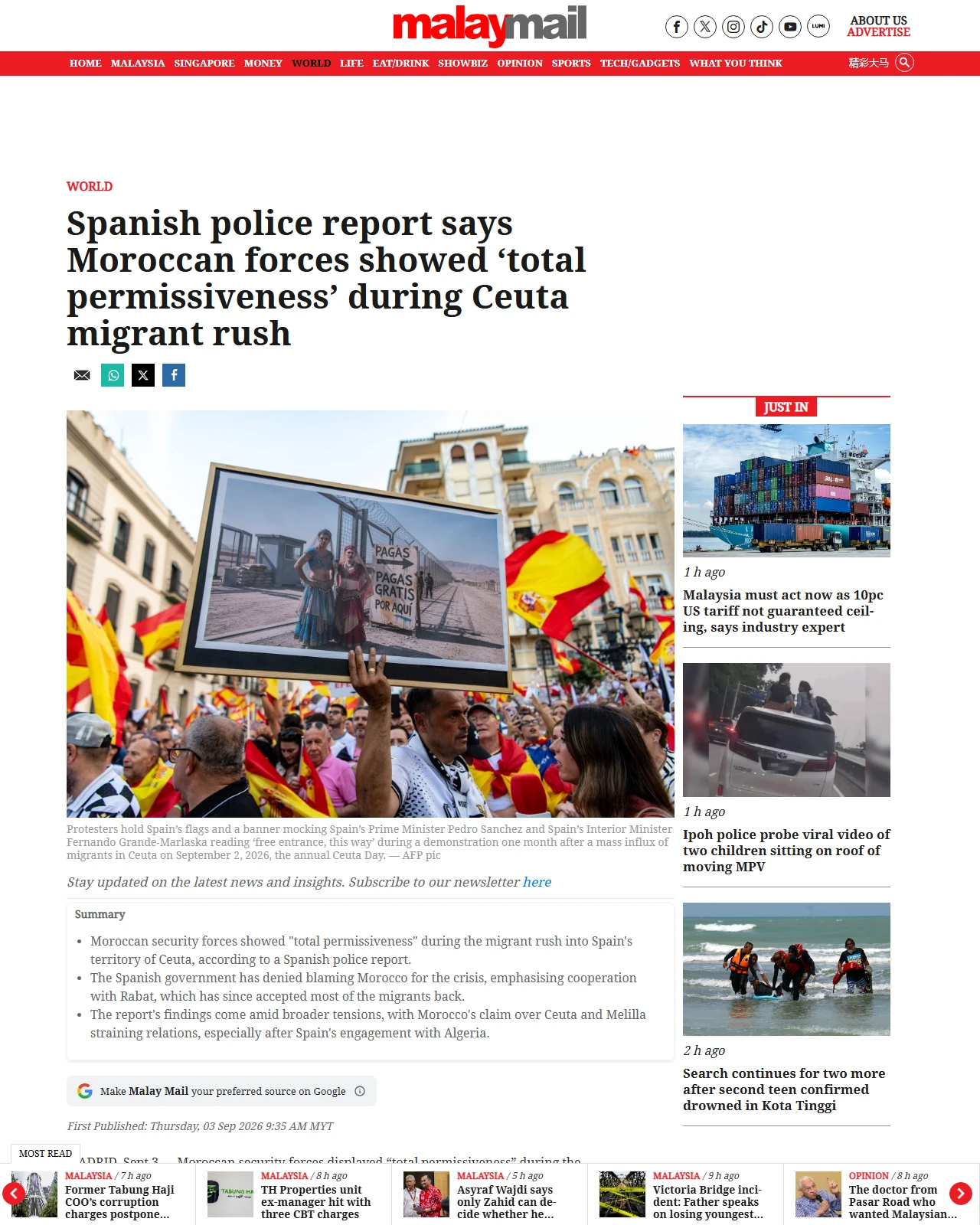 malaymail.com as published: Spanish police report says Moroccan forces showed ‘total permissiveness’ during Ceuta migrant rush