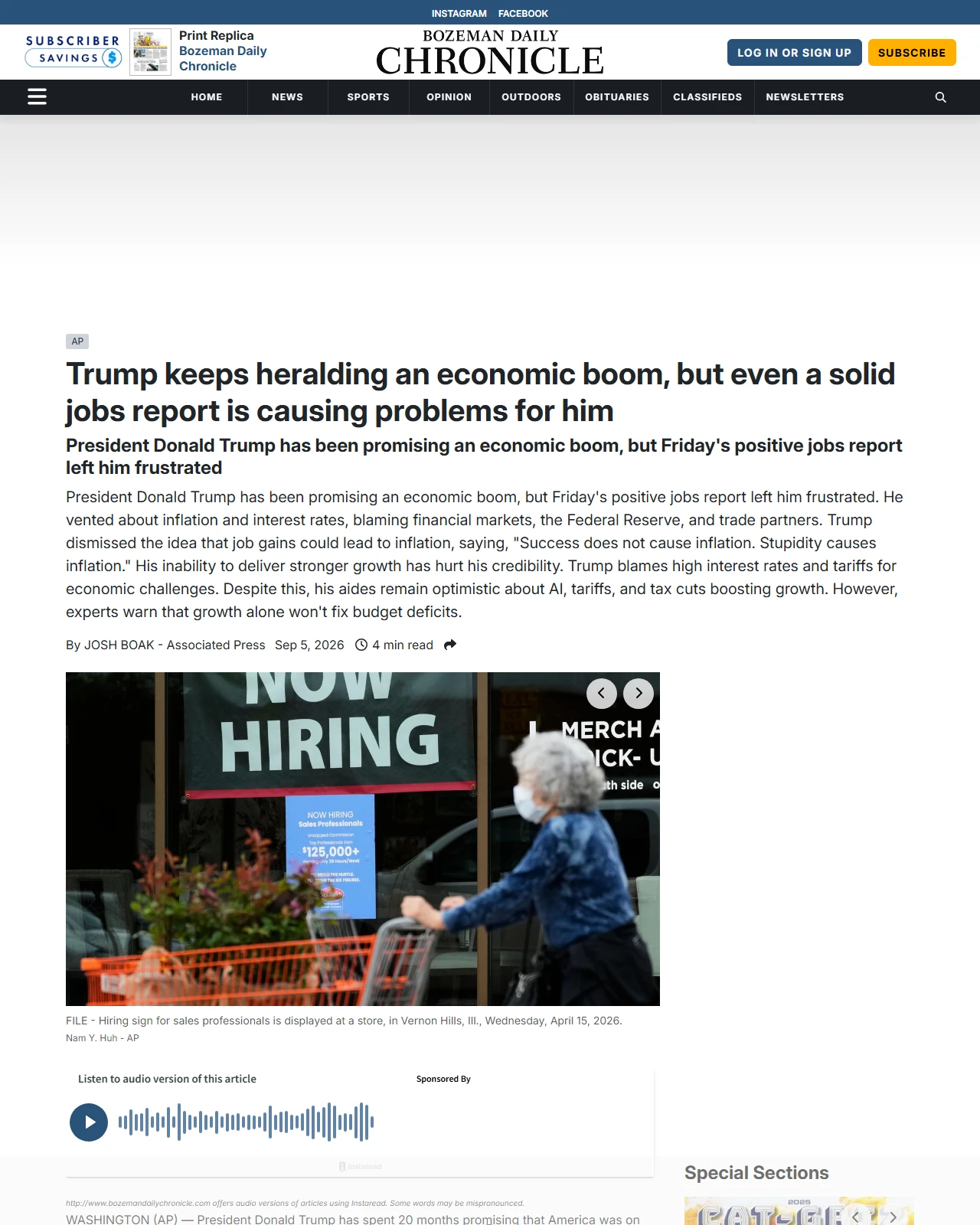 bozemandailychronicle.com as published: Trump keeps heralding an economic boom, but even a solid jobs report is causing problems for him