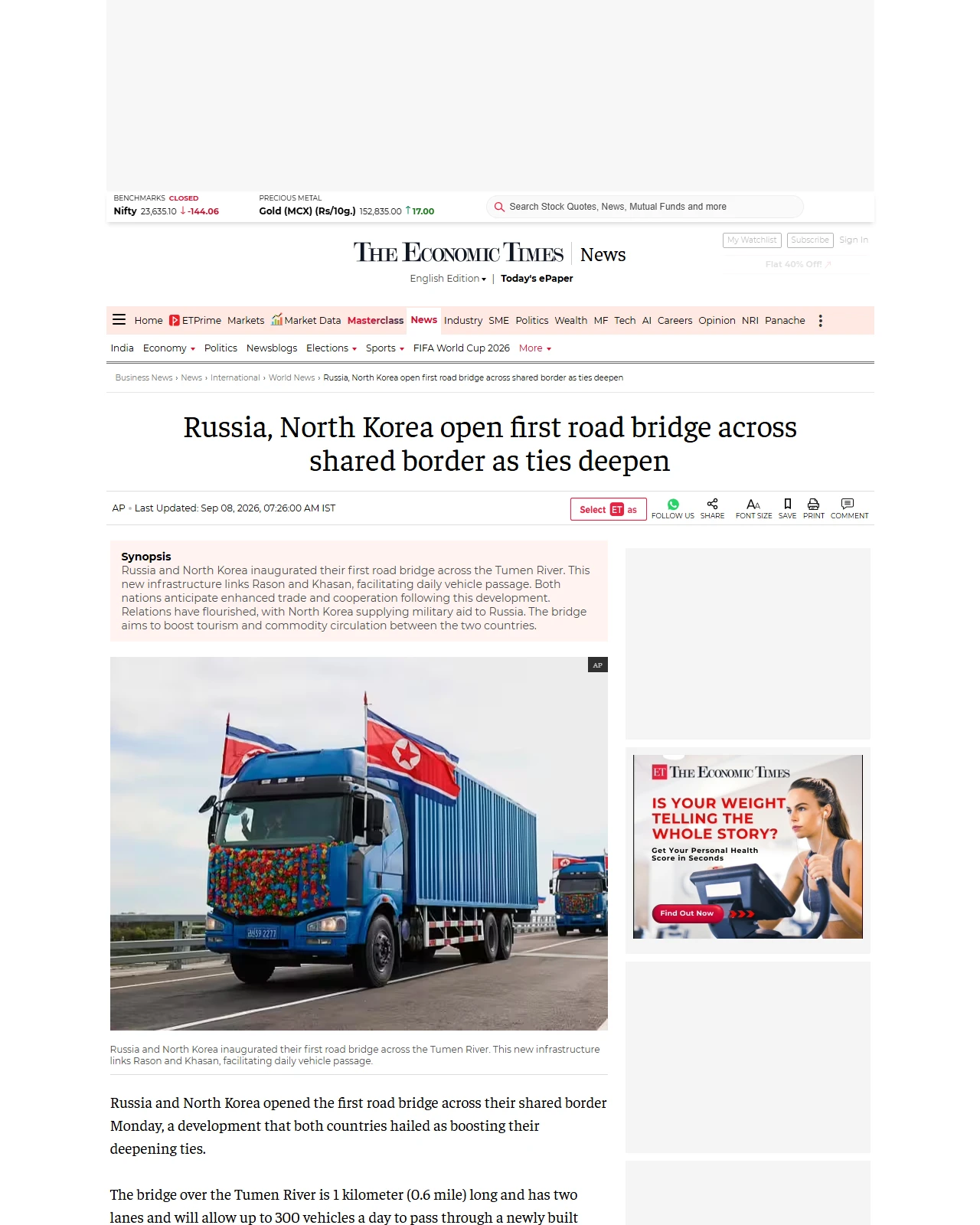 economictimes.indiatimes.com as published: Russia, North Korea open first road bridge across shared border as ties deepen