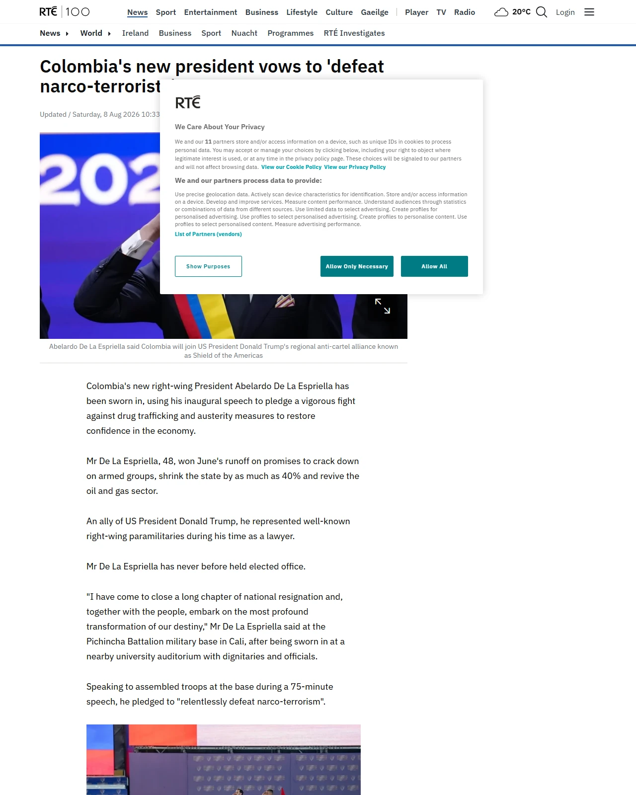 rte.ie as published: New Colombia president vows to 'defeat narco-terrorists'