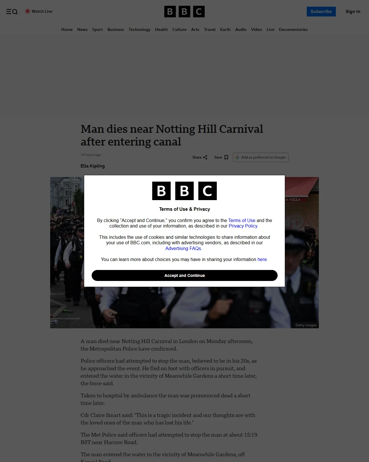 bbc.co.uk as published: Man dies near Notting Hill Carnival after entering canal
