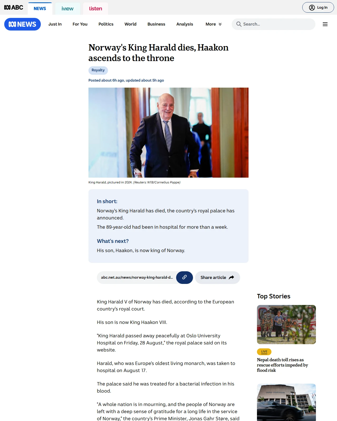 abc.net.au as published: Norway's King Harald, Europe's oldest reigning monarch, dies
