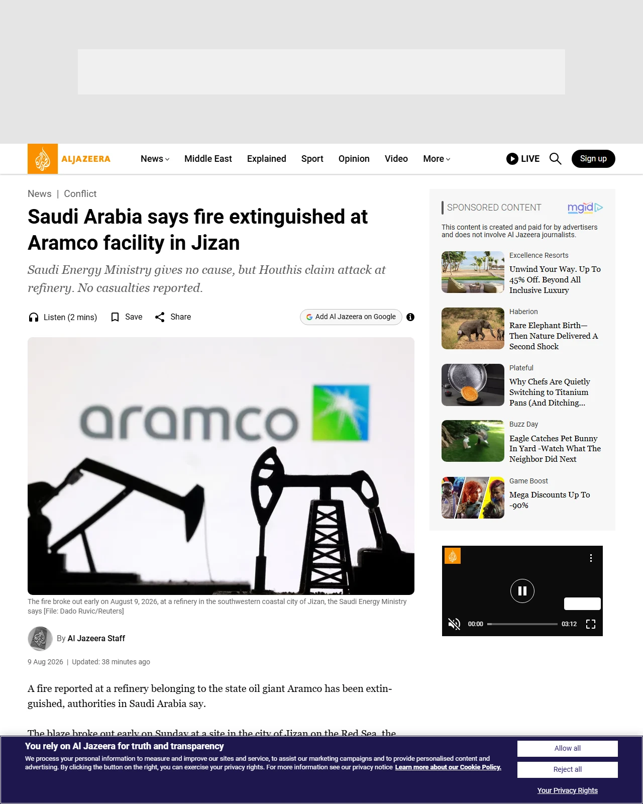aljazeera.com as published: Saudi Arabia says fire extinguished at Aramco facility in Jizan
