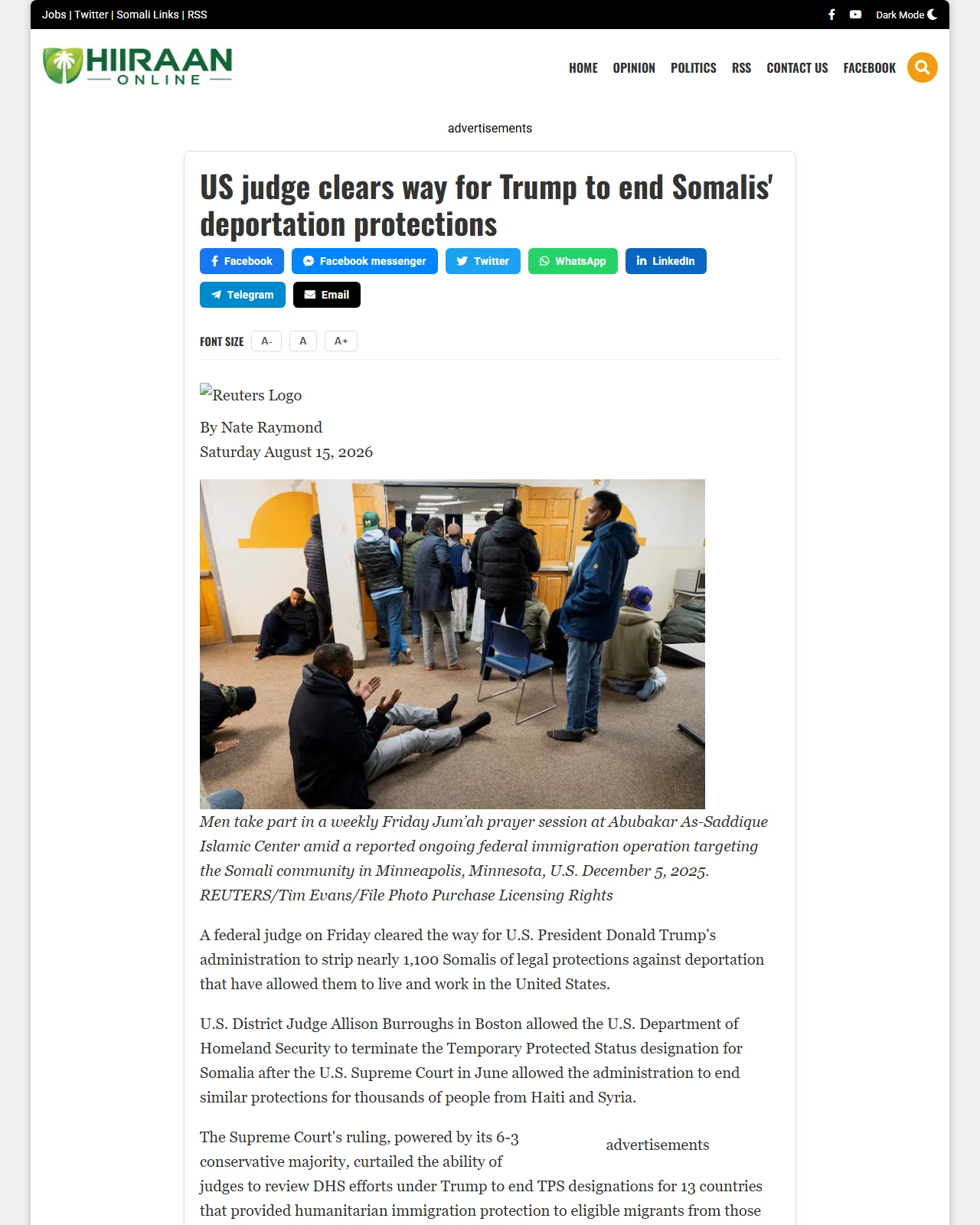 hiiraan.com as published: US judge clears way for Trump to end Somalis' deportation protections