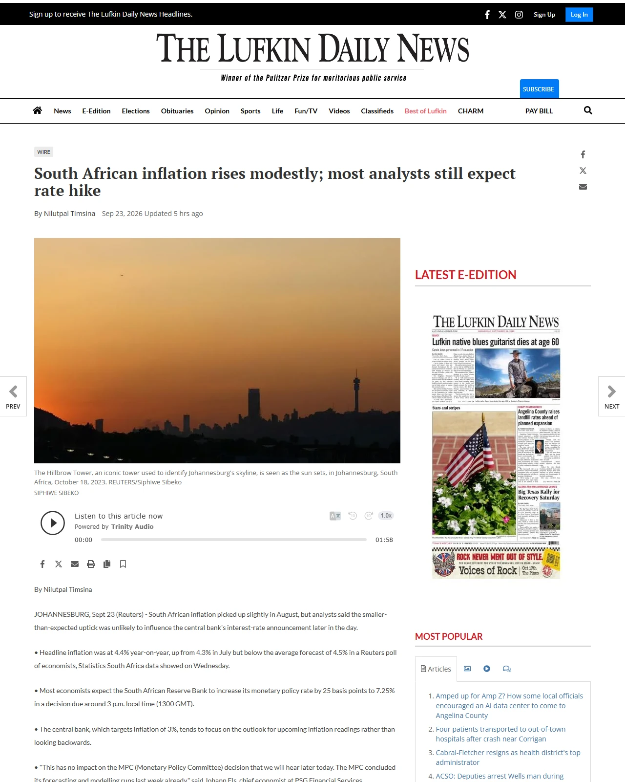lufkindailynews.com as published: South African inflation rises modestly; most analysts still expect rate hike