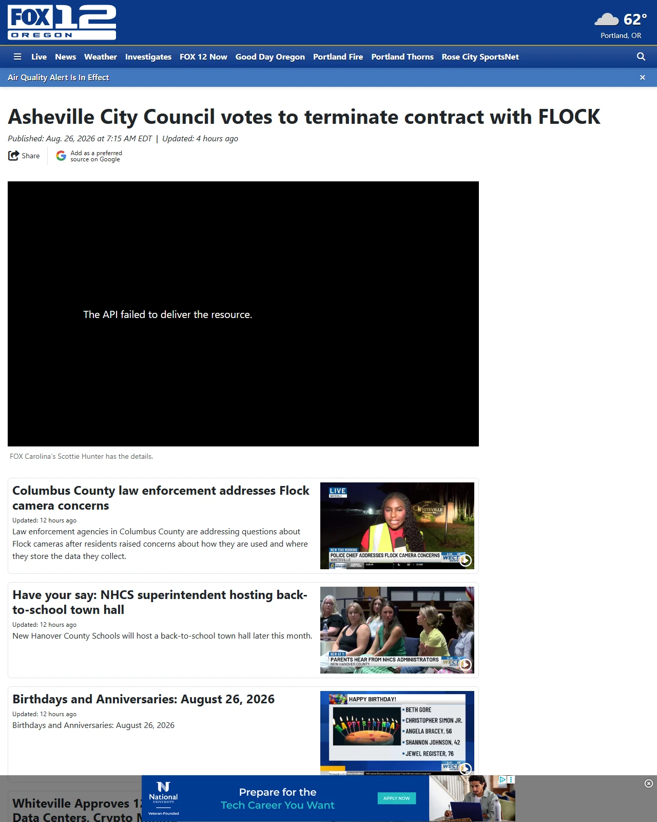 kptv.com as published: Asheville City Council votes to terminate contract with FLOCK
