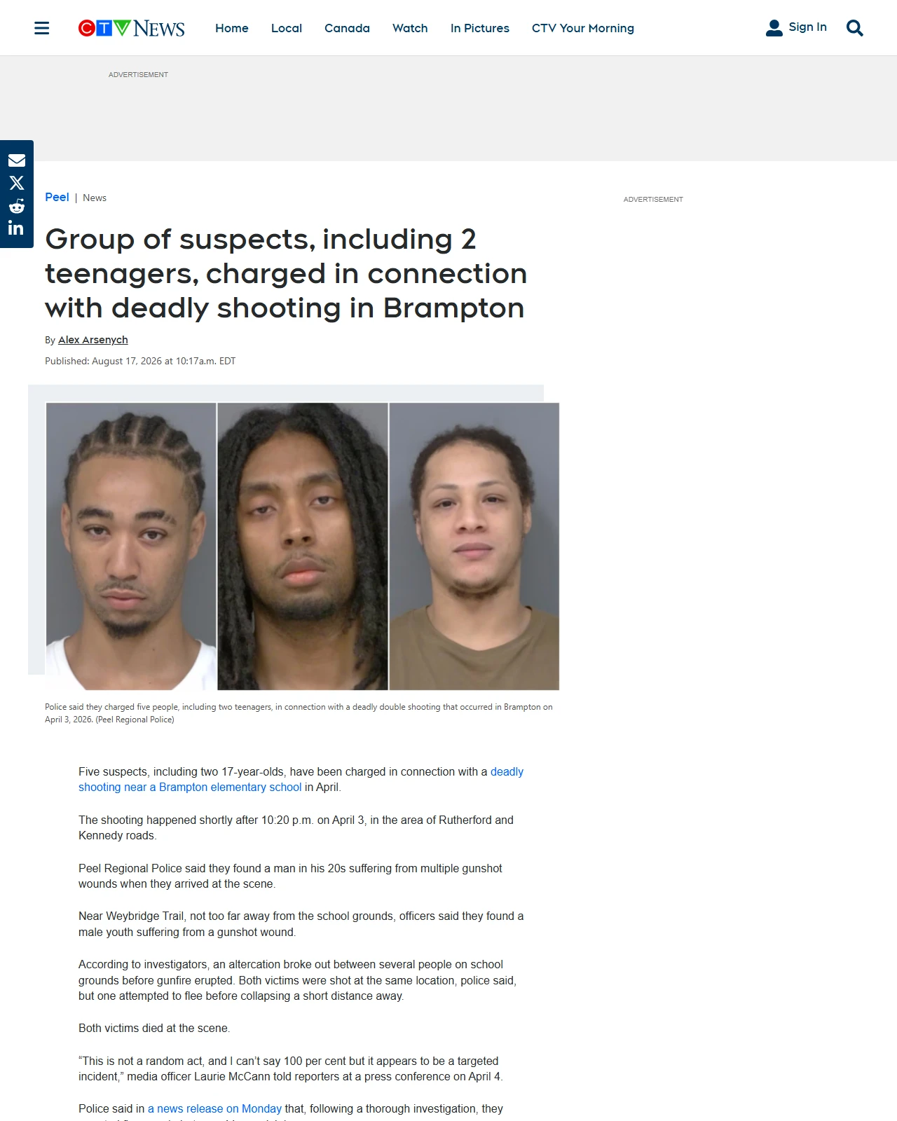 ctvnews.ca as published: Group of suspects, including 2 teenagers, charged in connection with deadly shooting in Brampton