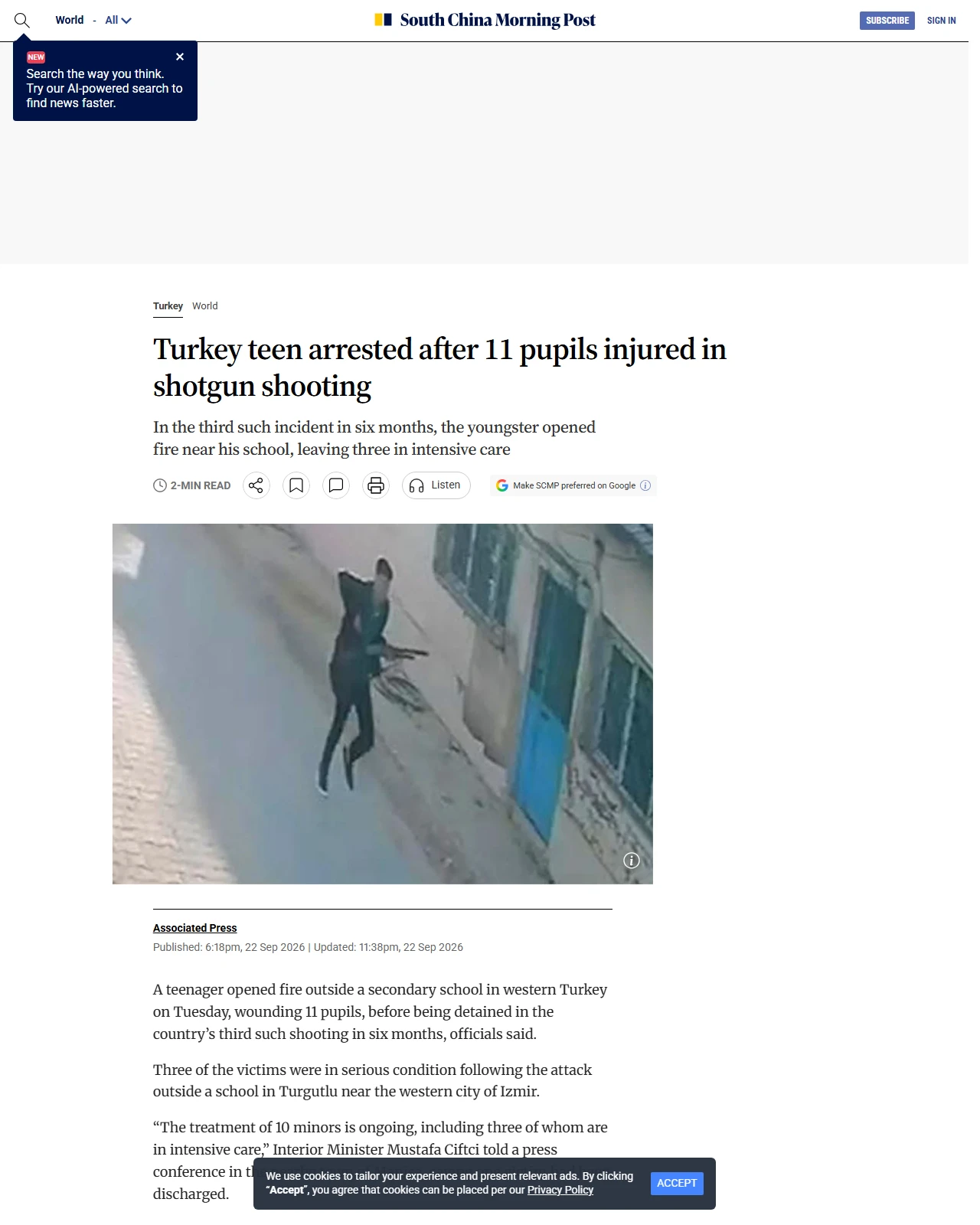 scmp.com as published: Turkey teen arrested after 11 pupils injured in shotgun shooting