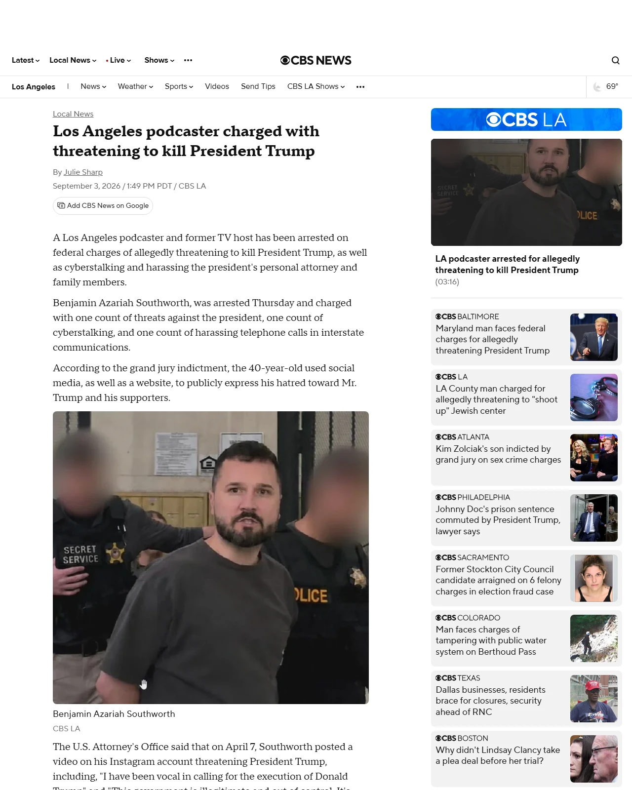 cbsnews.com as published: Los Angeles podcaster charged with threatening to kill President Trump