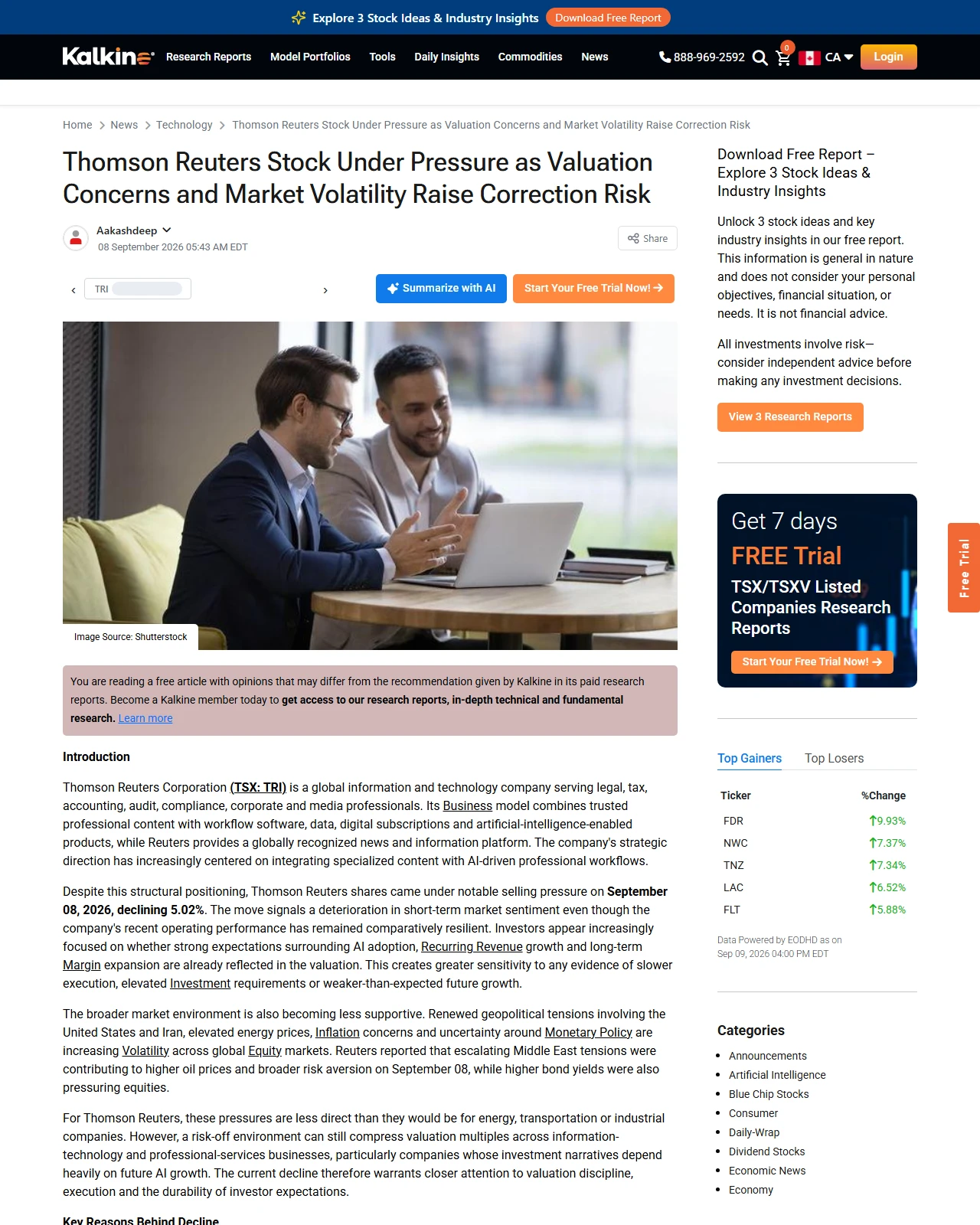 kalkine.ca as published: Thomson Reuters Stock Under Pressure as Valuation Concerns and Market Volatility Raise Correction Risk