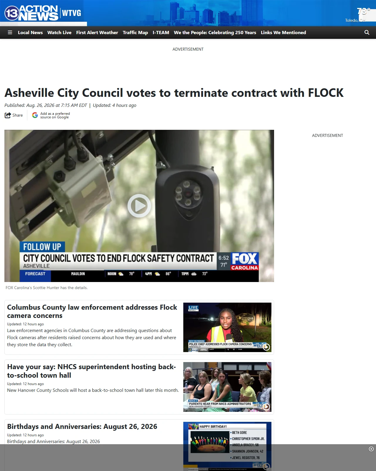 13abc.com as published: Asheville City Council votes to terminate contract with FLOCK
