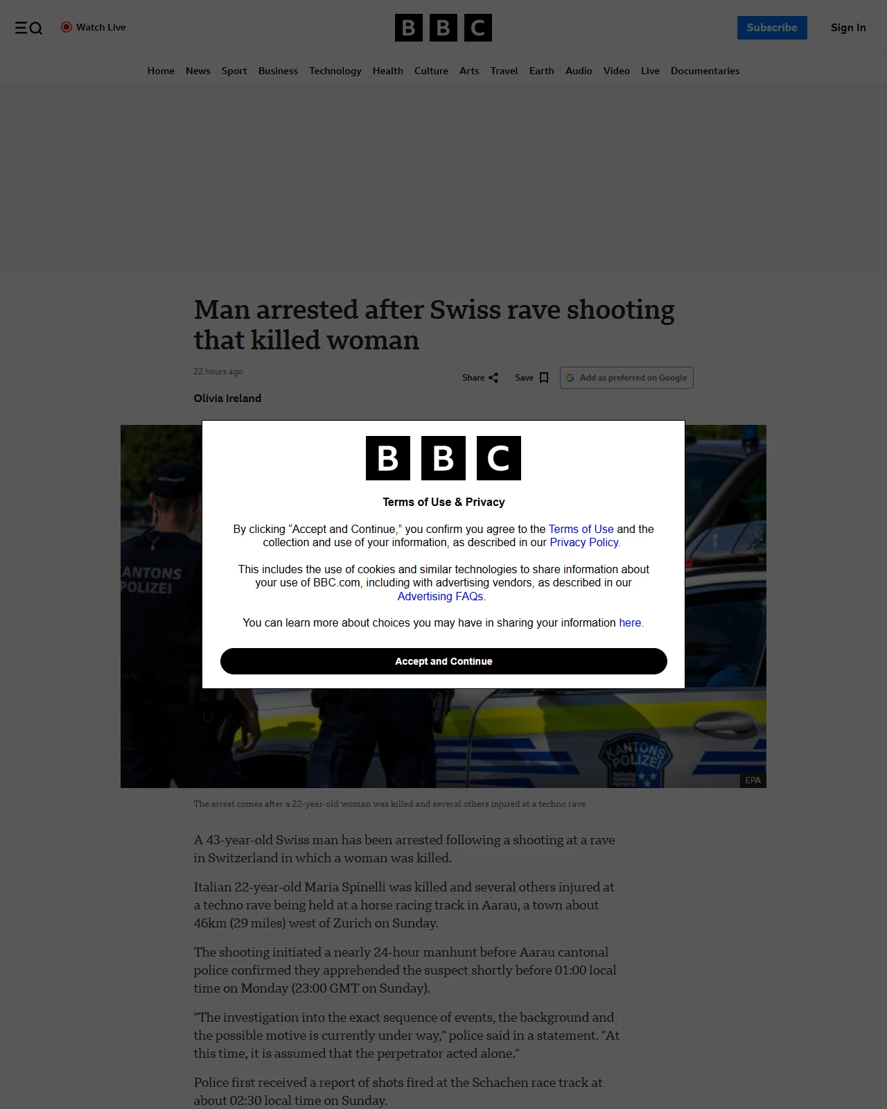 bbc.com as published: Man arrested after Swiss rave shooting that killed 22-year-old woman