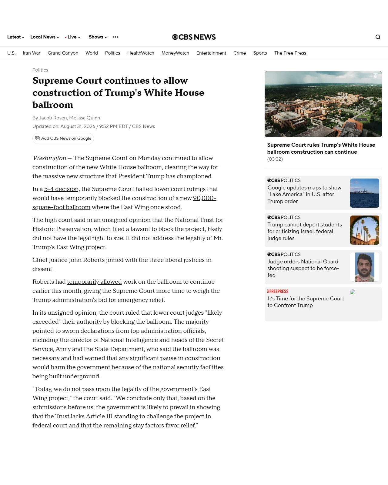 cbsnews.com as published: Supreme Court continues to allow construction of Trump's White House ballroom