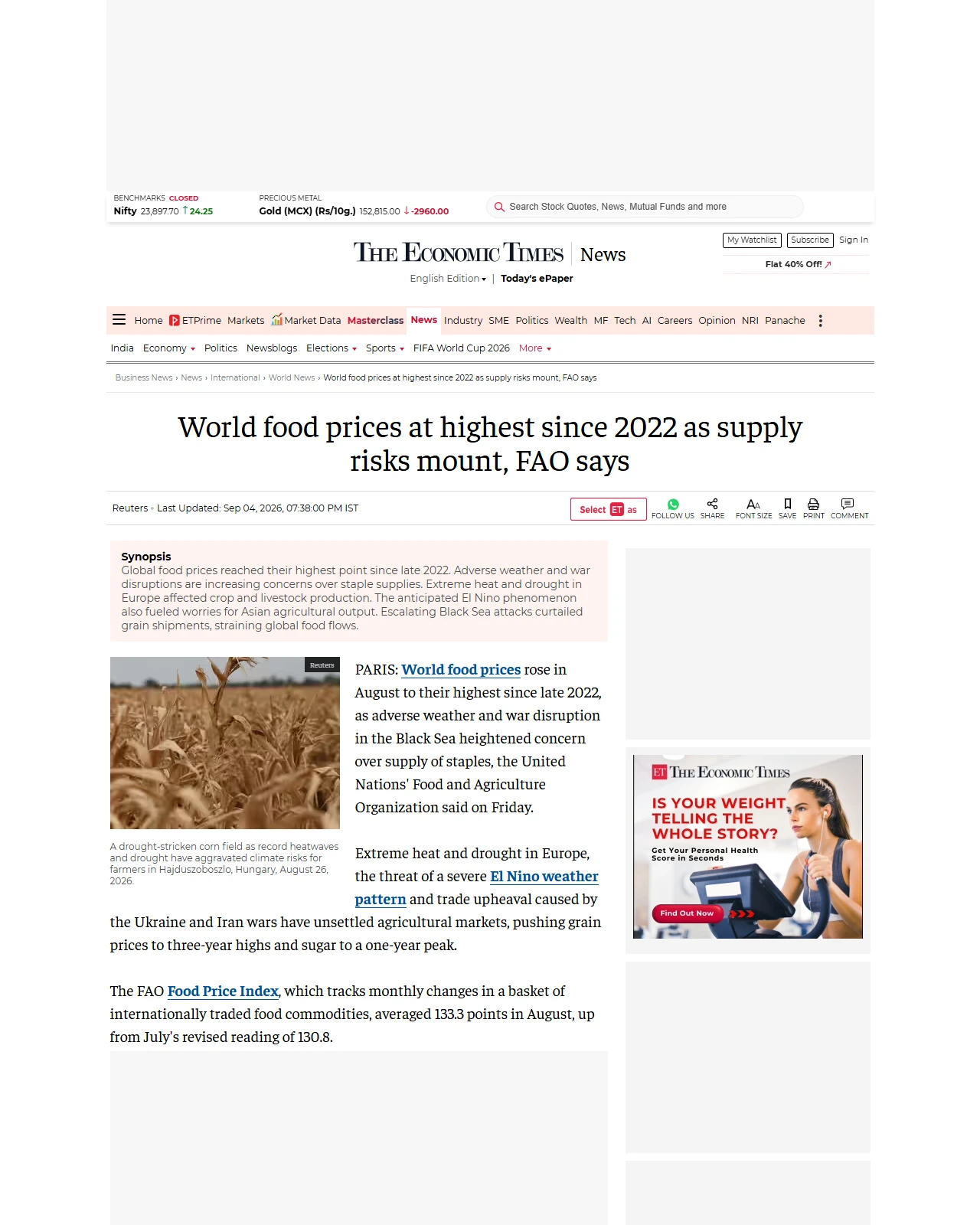 economictimes.com as published: World food prices at highest since 2022 as supply risks mount, FAO says