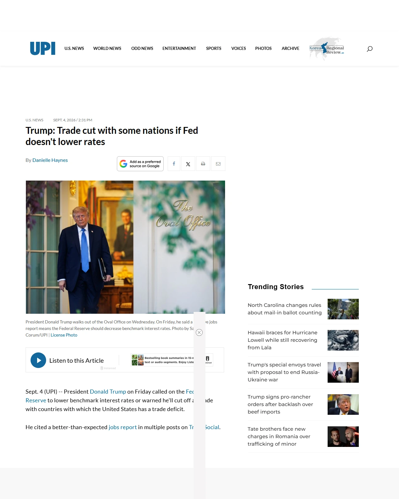 upi.com as published: Trump warns he'll cut trade with some countries if Fed doesn't lower rates