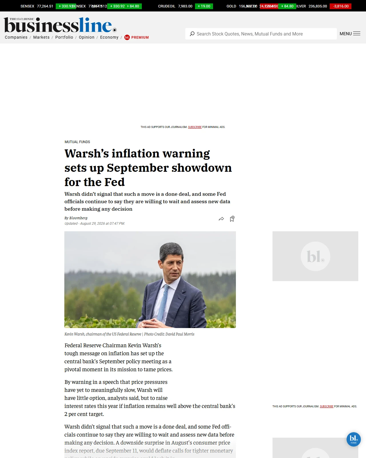 thehindubusinessline.com as published: Warsh’s inflation warning sets up September showdown for the Fed