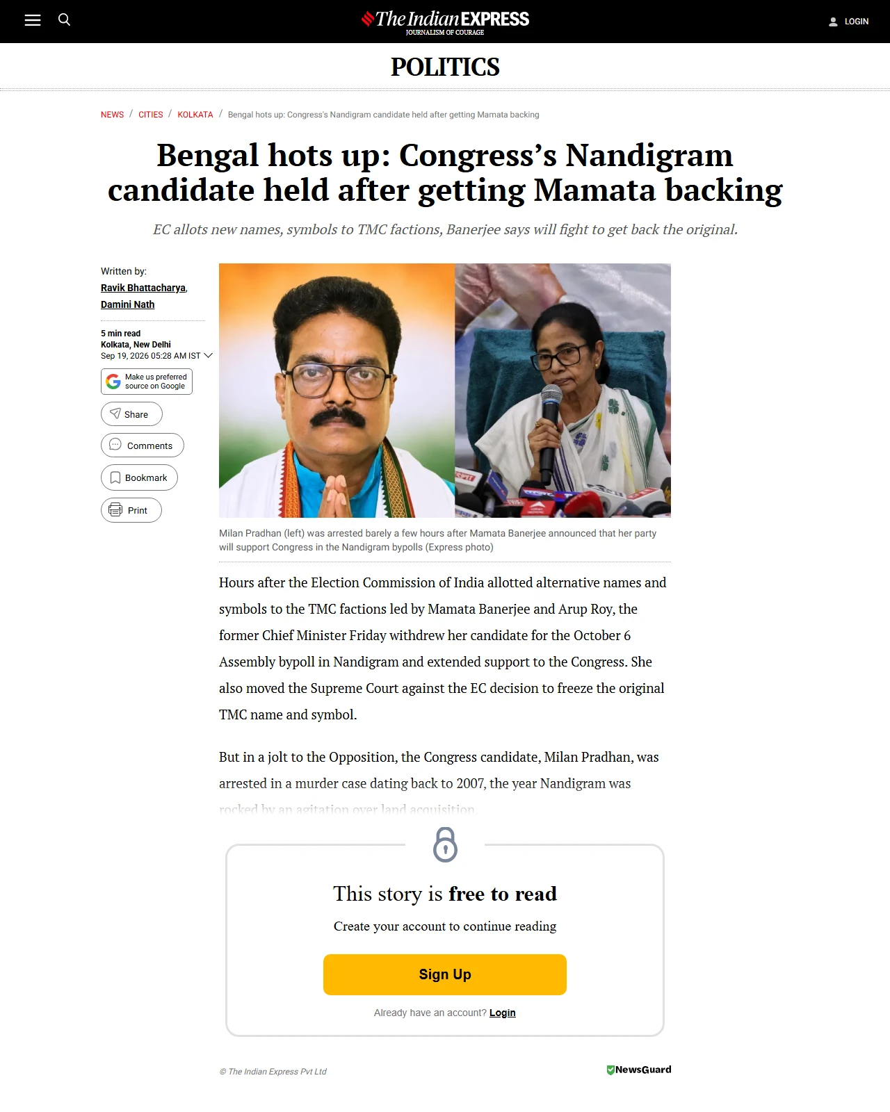 indianexpress.com as published: Bengal hots up: Congress’s Nandigram candidate held after getting Mamata backing