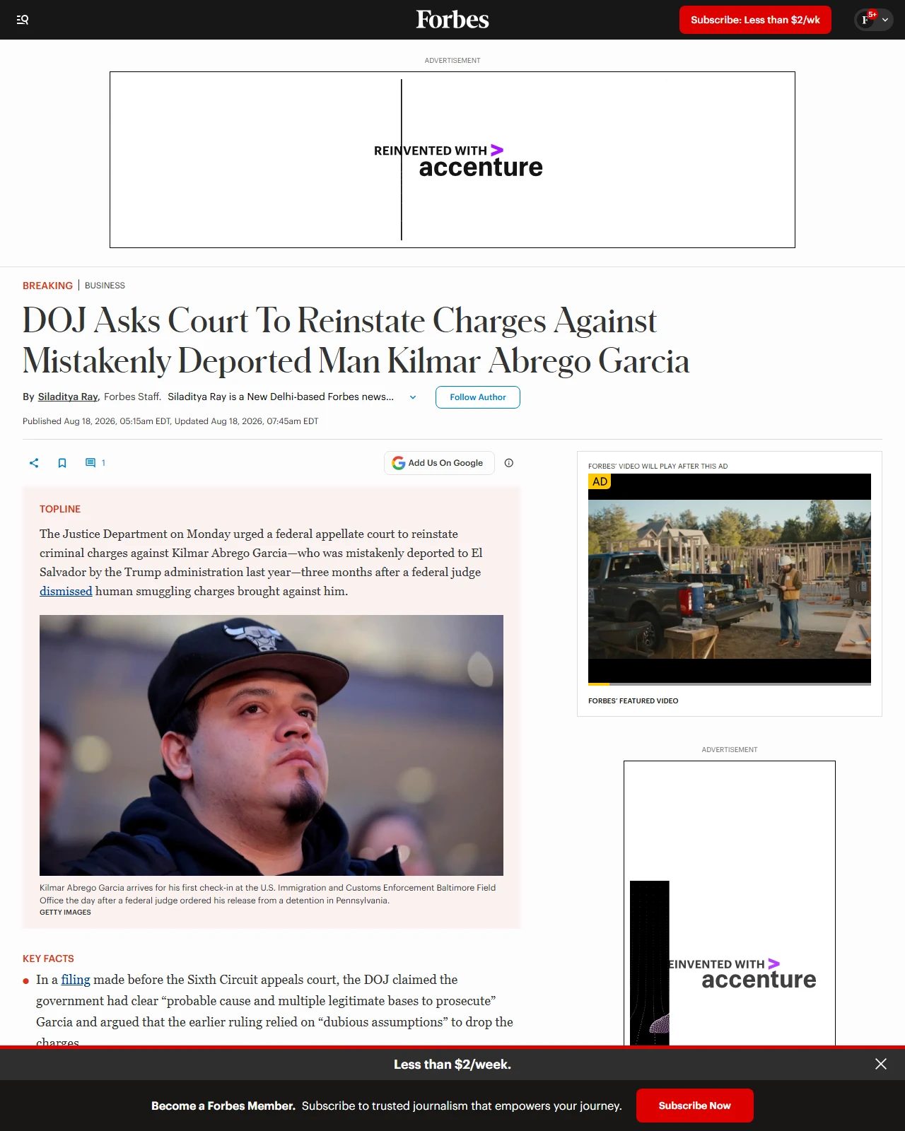 forbes.com as published: DOJ Asks Court To Reinstate Charges Against Mistakenly Deported Man Kilmar Abrego Garcia