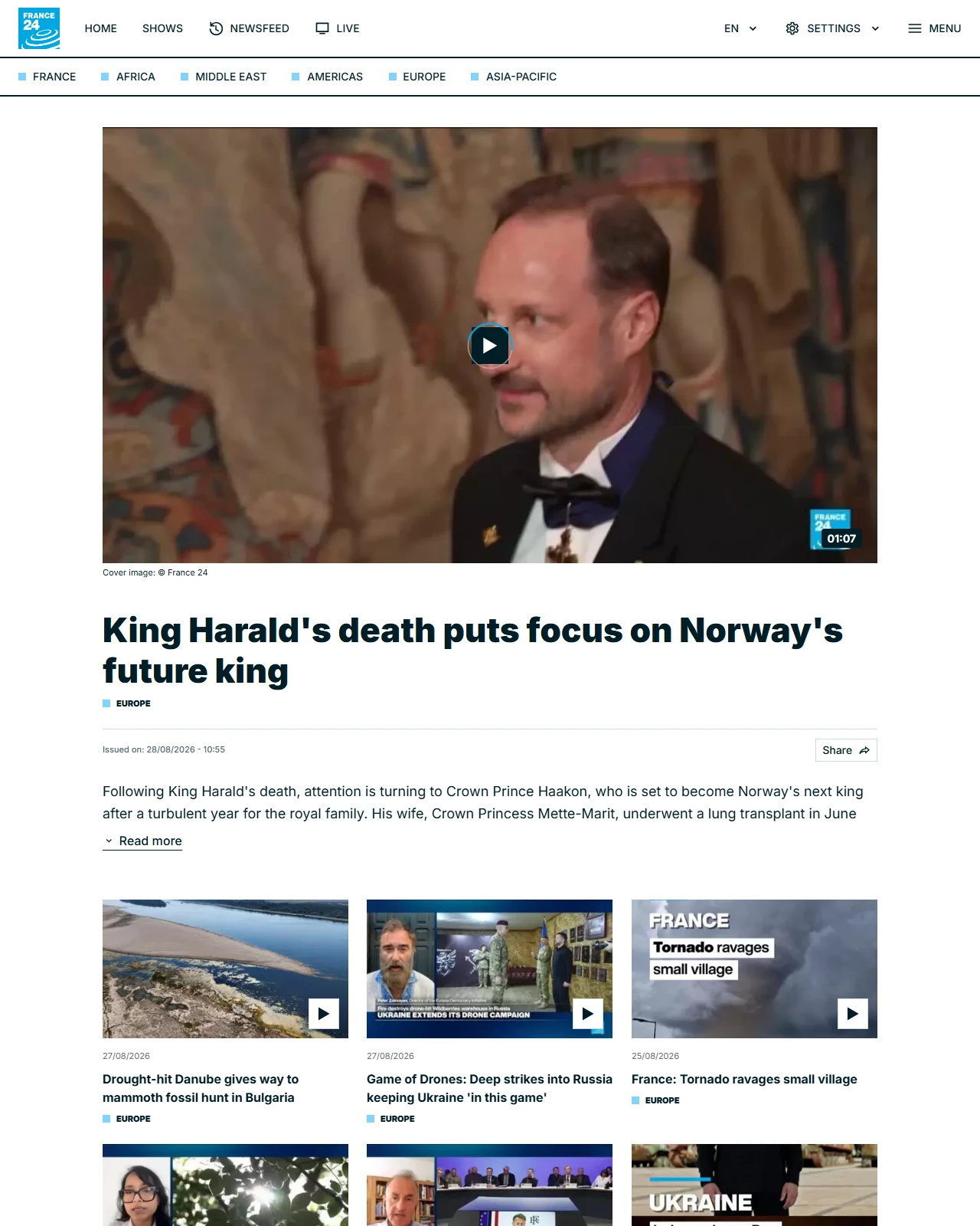 france24.com as published: King Harald's death puts focus on Norway's future king