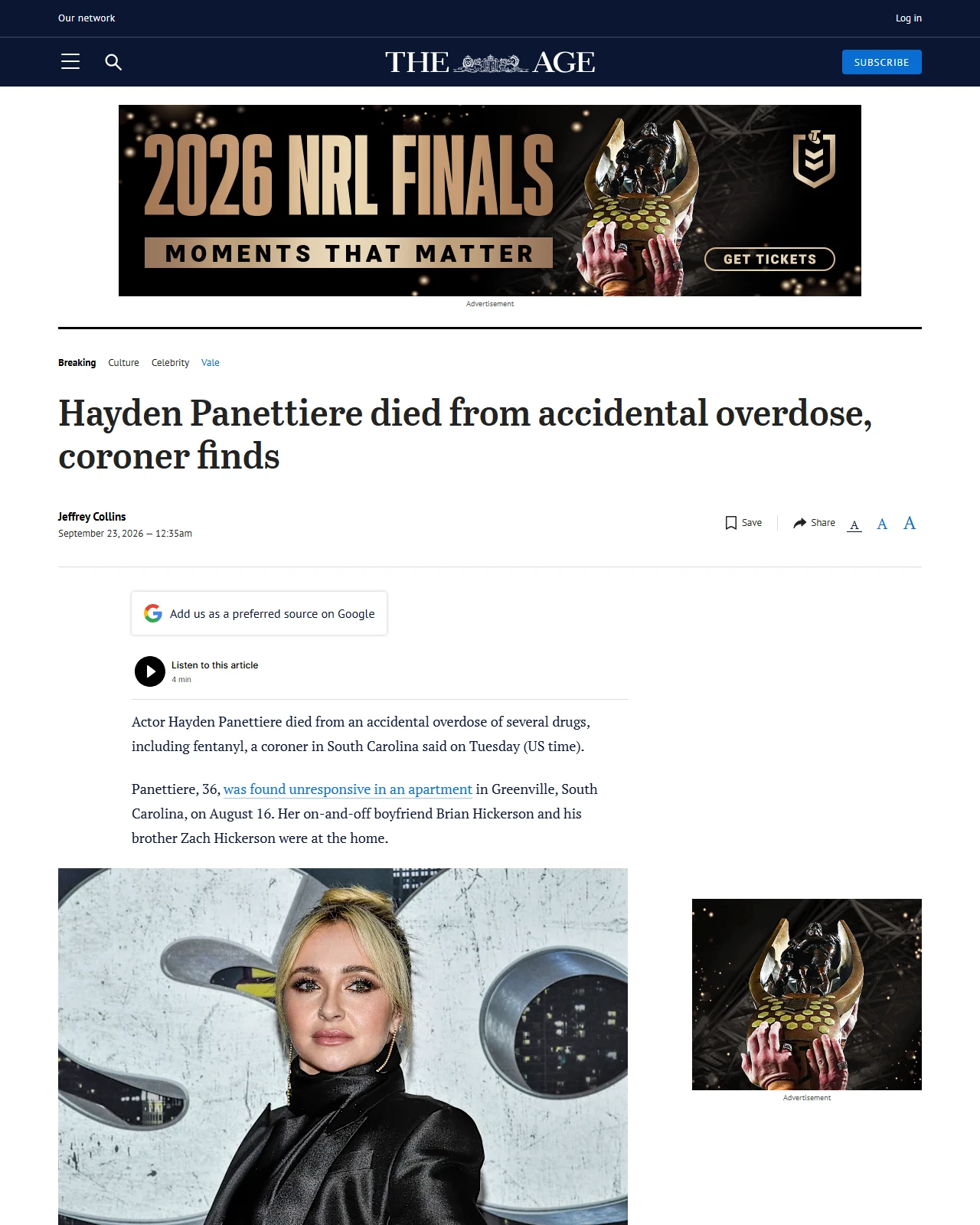 theage.com.au as published: Hayden Panettiere died from accidental overdose, coroner finds