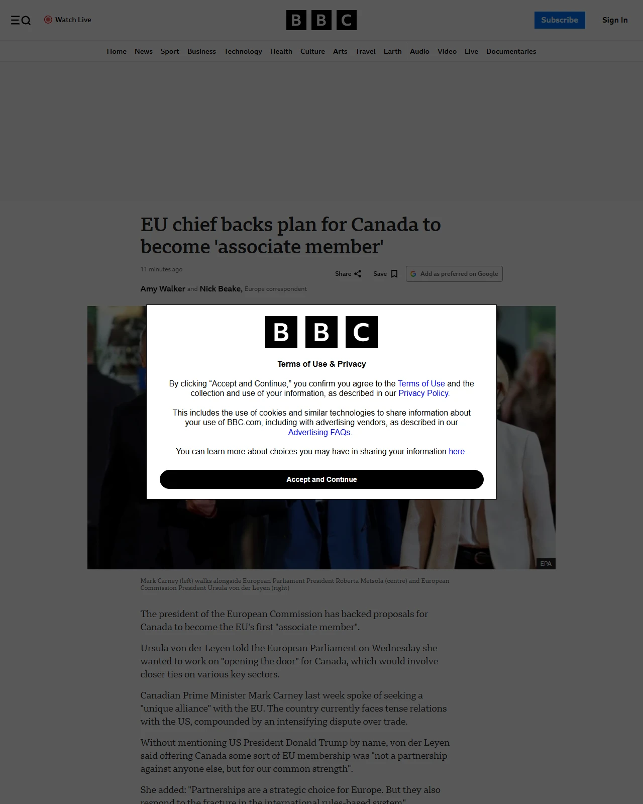 bbc.co.uk as published: EU chief backs plan for Canada to become 'associate member'