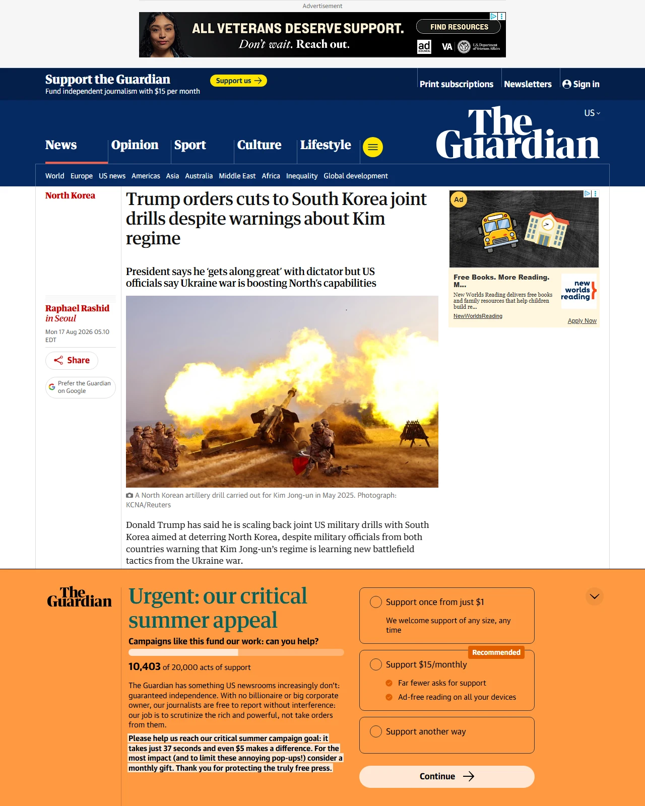theguardian.com as published: Trump orders cuts to South Korea joint drills despite warnings about Kim regime